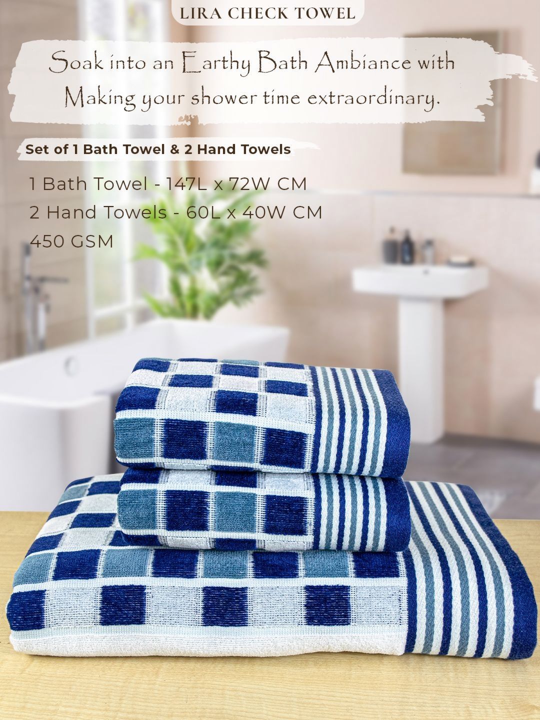 RANGOLI Blue & White 3 Piece Printed Pure Cotton Towel Set 450 GSM