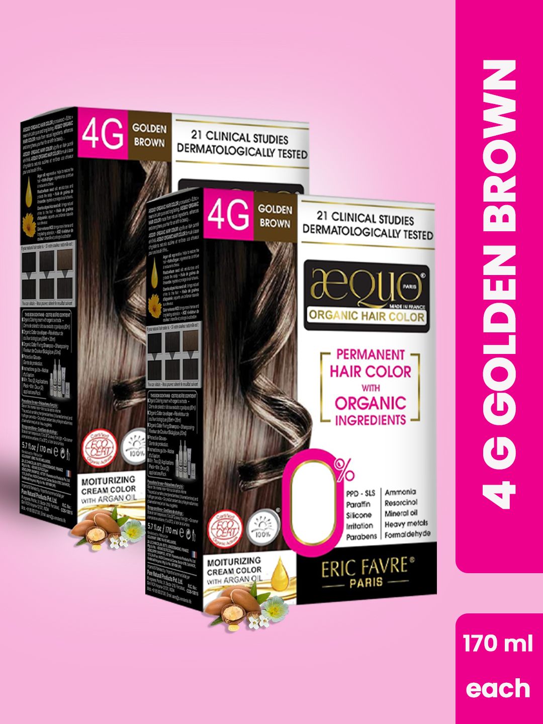 Aequo Organic Set of 2 Permanent Cream Hair Color 175 ml Each - Golden Brown 4G