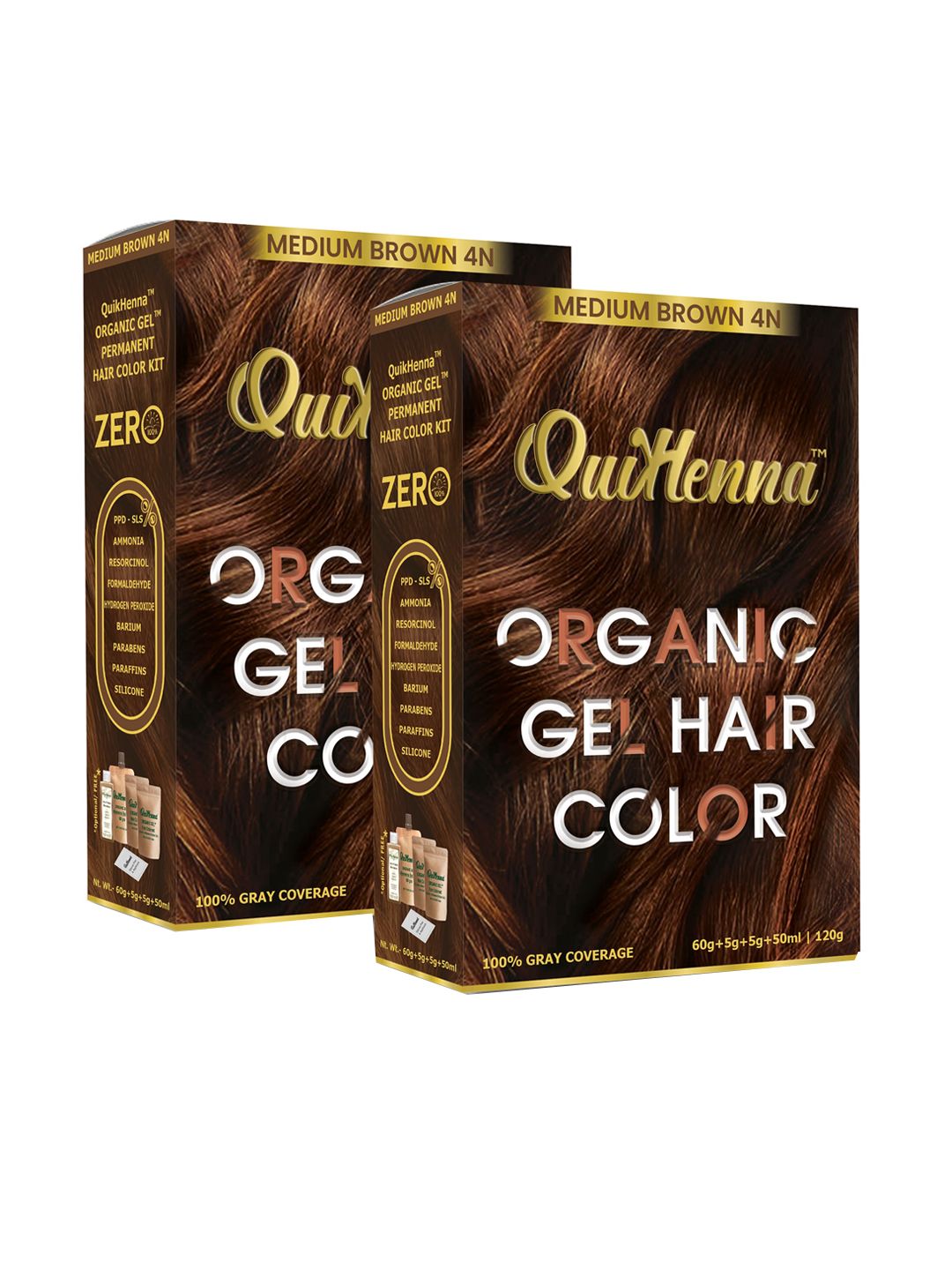 QUIKHENNA Set of 2 Damage Free Organic Gel Hair Color 120 g Each - Medium Brown 4N