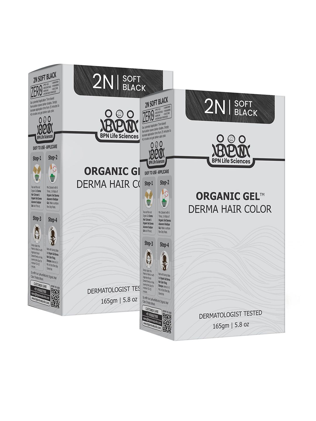 QUIKHENNA Set of 2 Organic Gel Derma Long Hair Color 165 g Each - Soft Black 2N