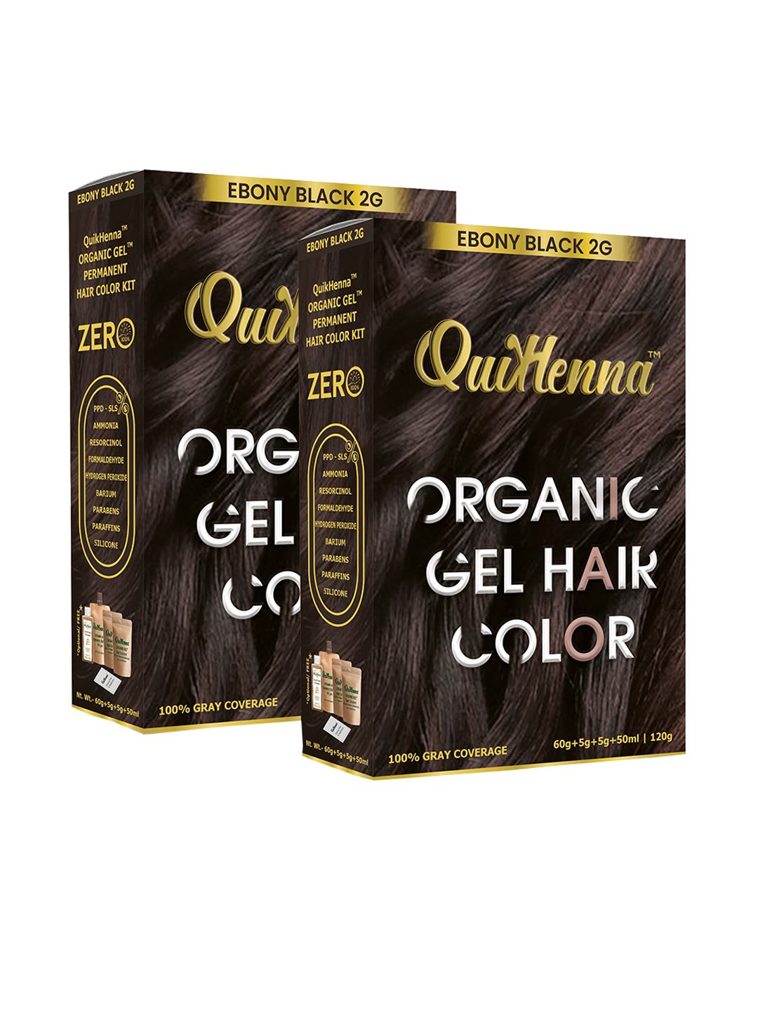 QUIKHENNA Set of 2 Damage Free Organic Gel Hair Color 120 g Each - Ebony Black 2G