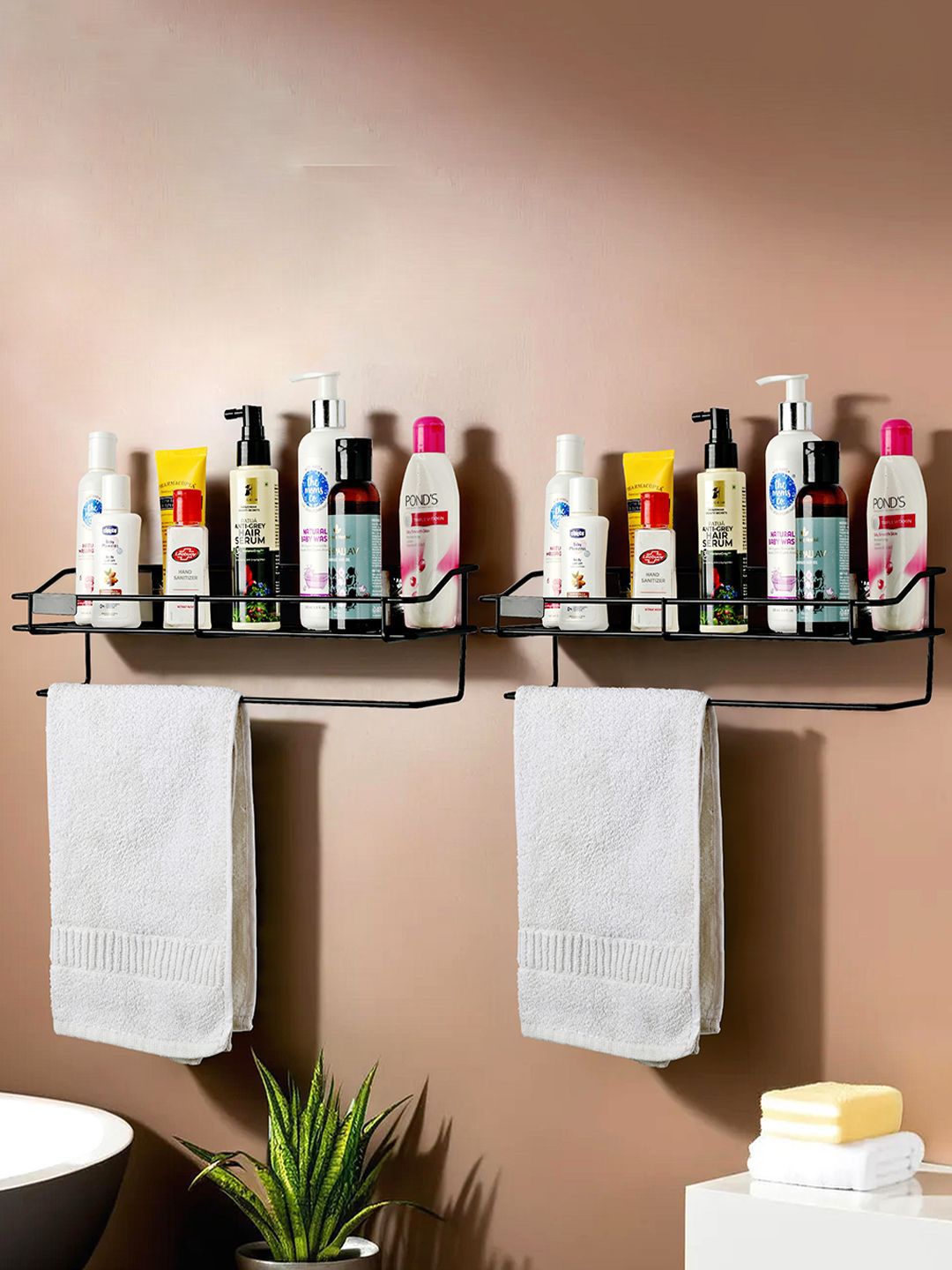 Kuber Industries Black 2 Piece Metal Shelf Storage Rack for Wall