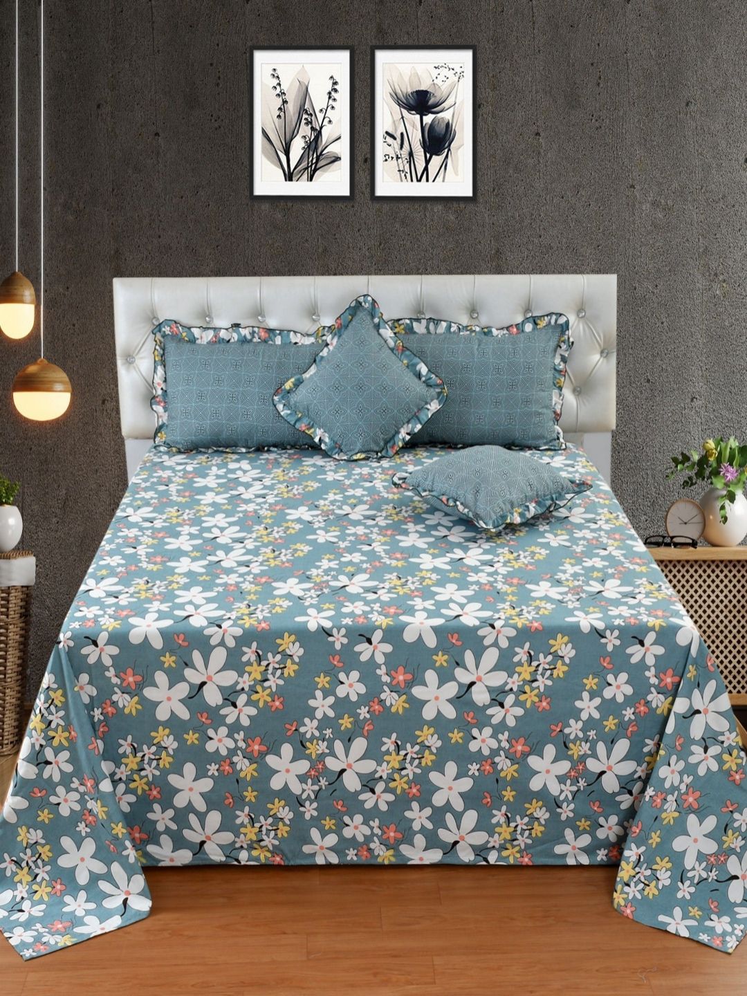 BREVARD Blue & White Floral 5 Pieces Cotton Frill Double King Regular Bedding Set