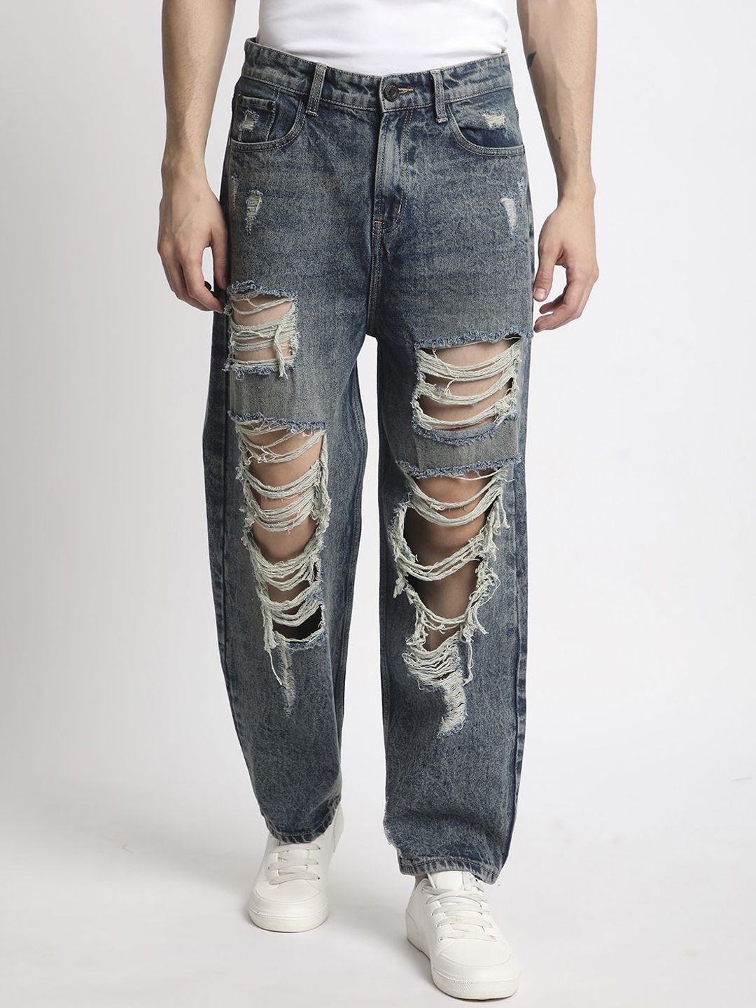 Bene Kleed Men Blue Classic Baggy Fit Highly Distressed Heavy Fade Ripped Jeans