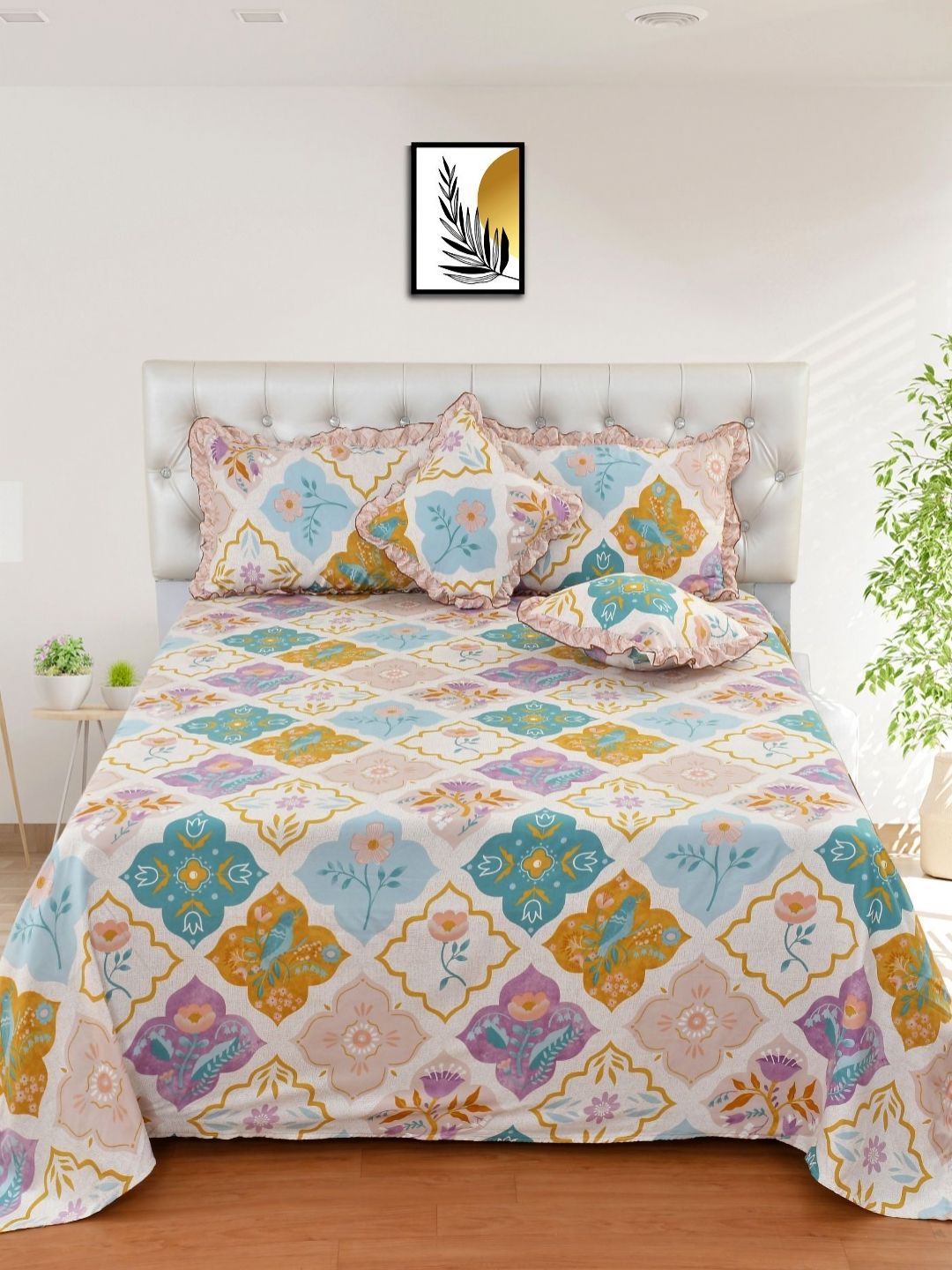 MORADO Purple & White Floral Printed Cotton Fine Double King Bedding Set
