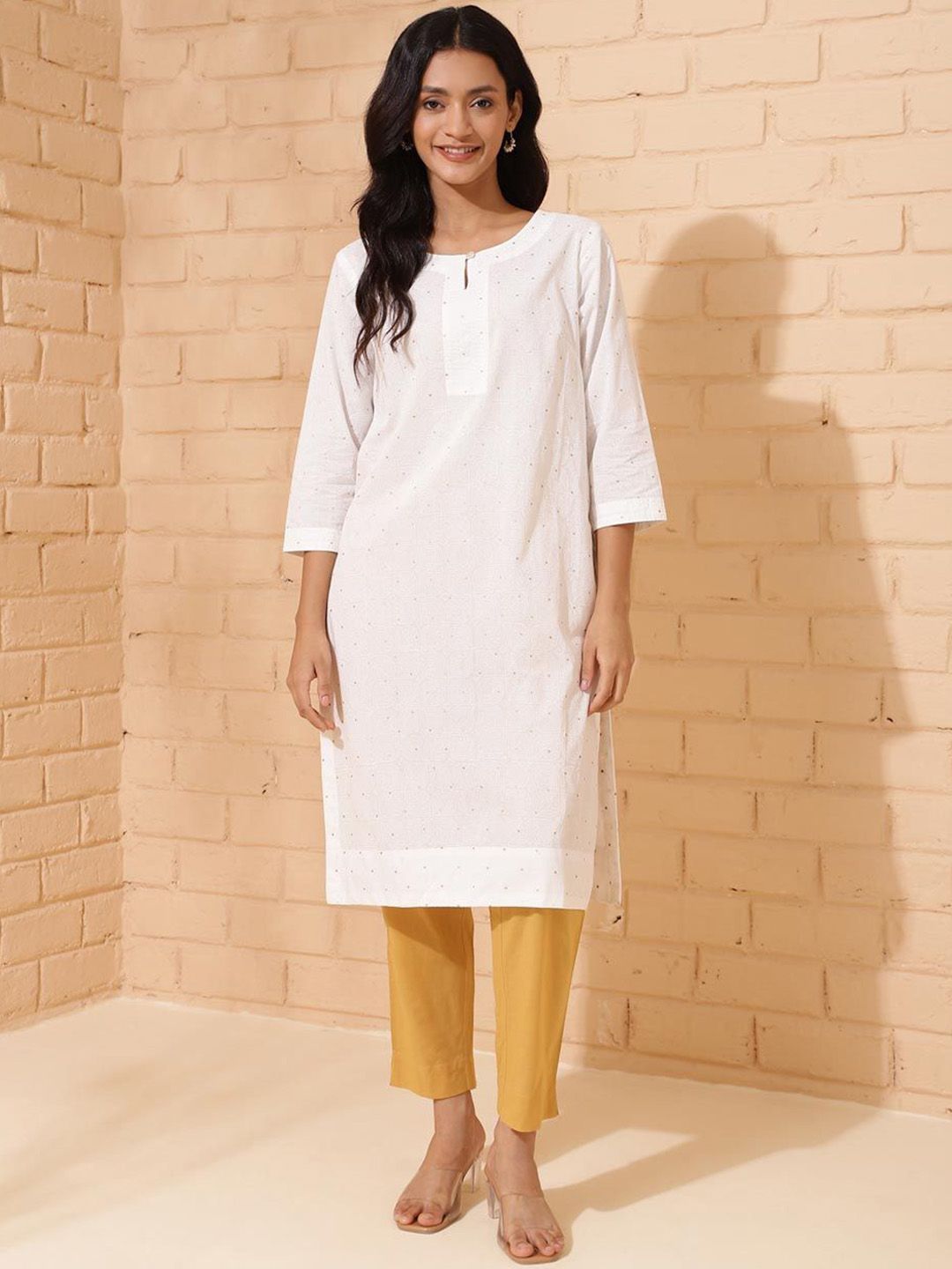 Printed Cotton A-Line Kurta Fabindia Ethnic Motifs Printed Key Hole Neck Cotton A-Line Kurta