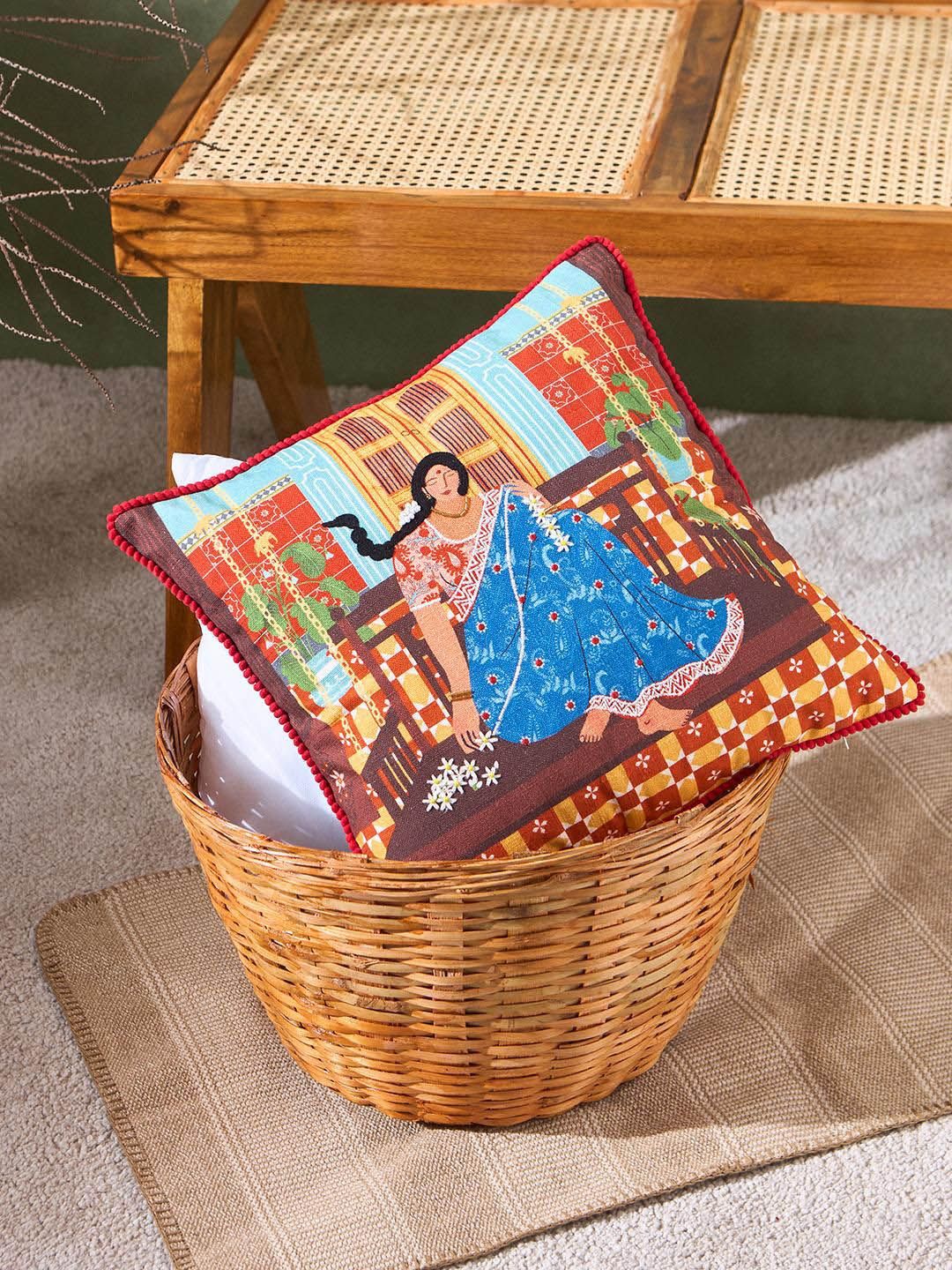 Chumbak Brown & Blue Ethnic Motifs Cotton Square Cushion Cover