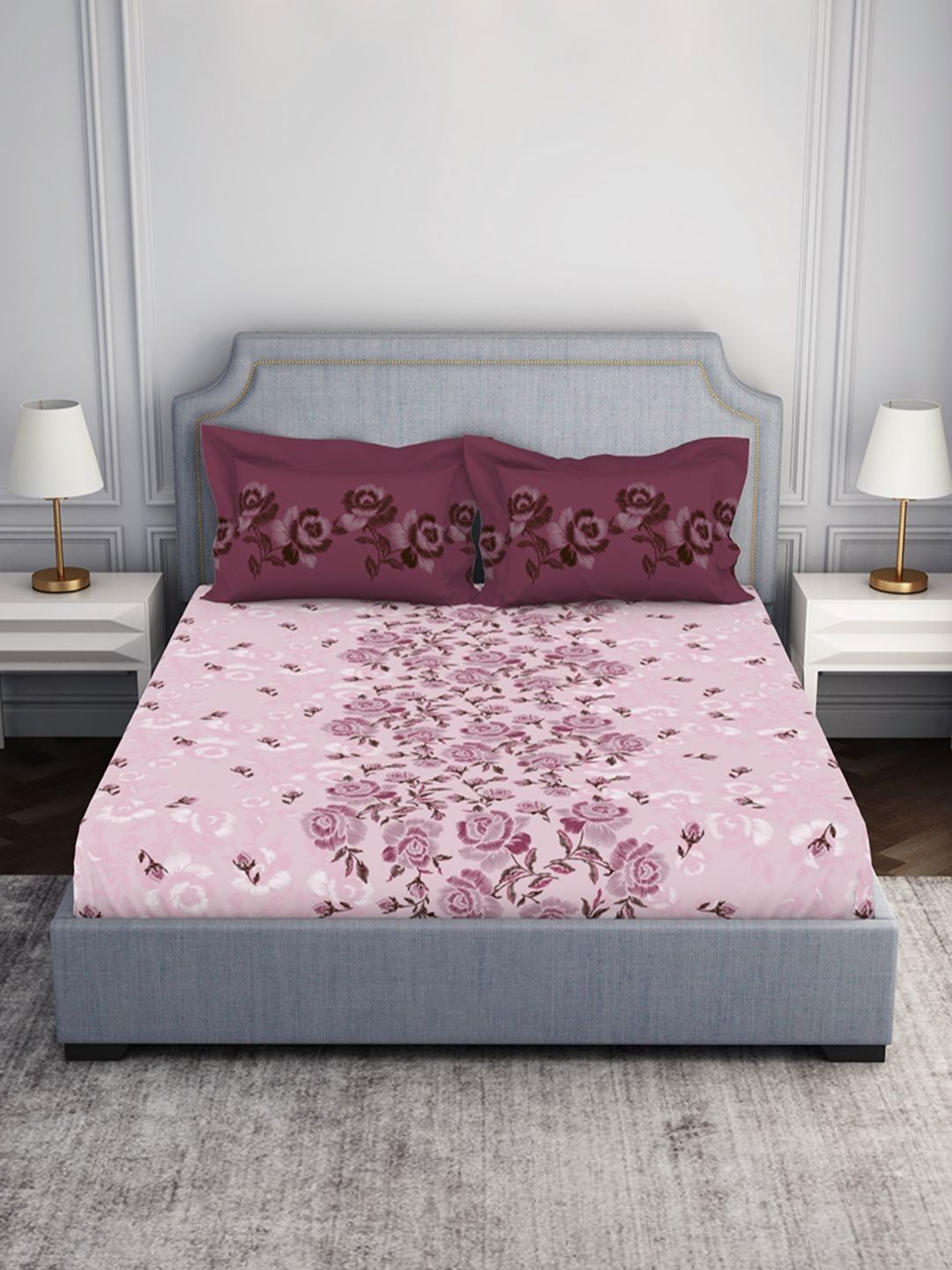 SPACES SPACES Pink Floral Pure Cotton 144 TC Queen Bedsheet with 2 Pillow Covers-254 x 224 cm