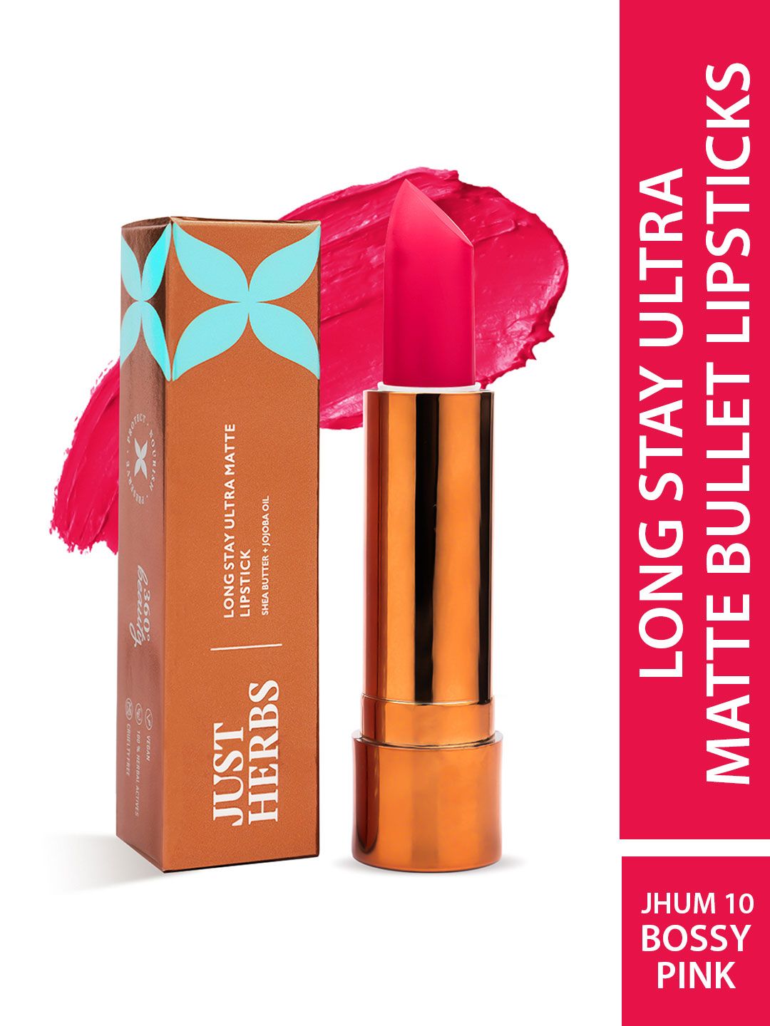 Just Herbs Long Stay Ultra Matte Lipstick with Shea Butter & Jojoba Oil 4g - Bossy Pink 10