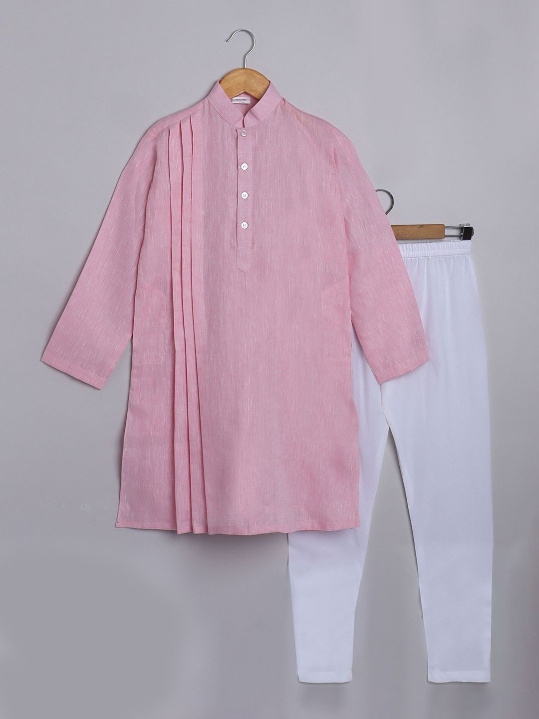 Little Clothings Boys Linen Band Collar Straight Kurta With Churidar