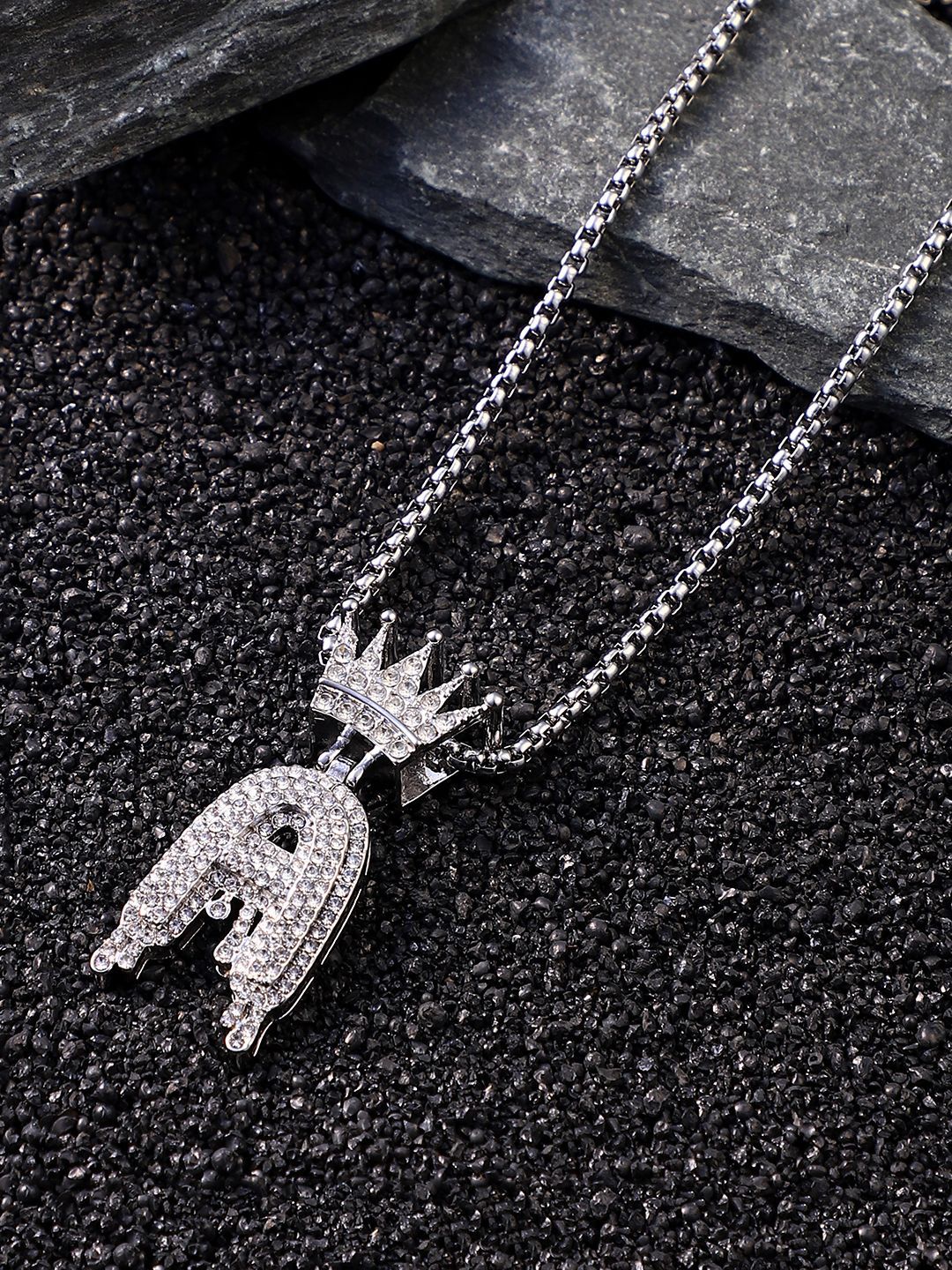 French Accent Men Silver-Plated Stone Studded Drip Alphabet A Pendant With Chain