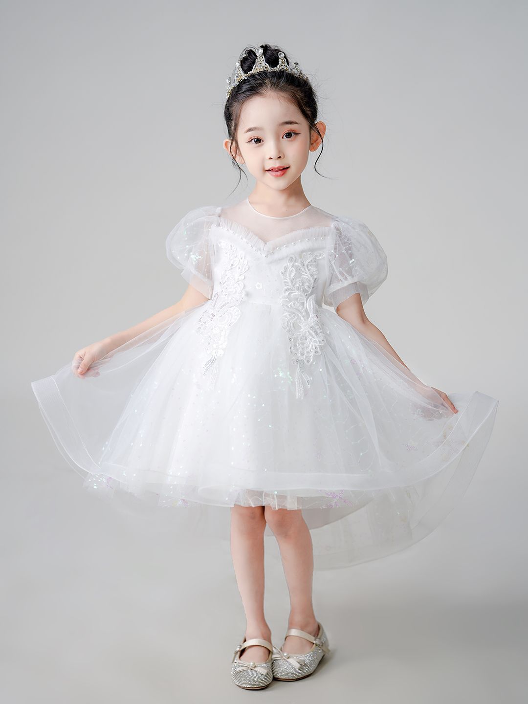 JC SPARKLE Embellished Lace Inserts Puff Sleeve Fit & Flare Dress