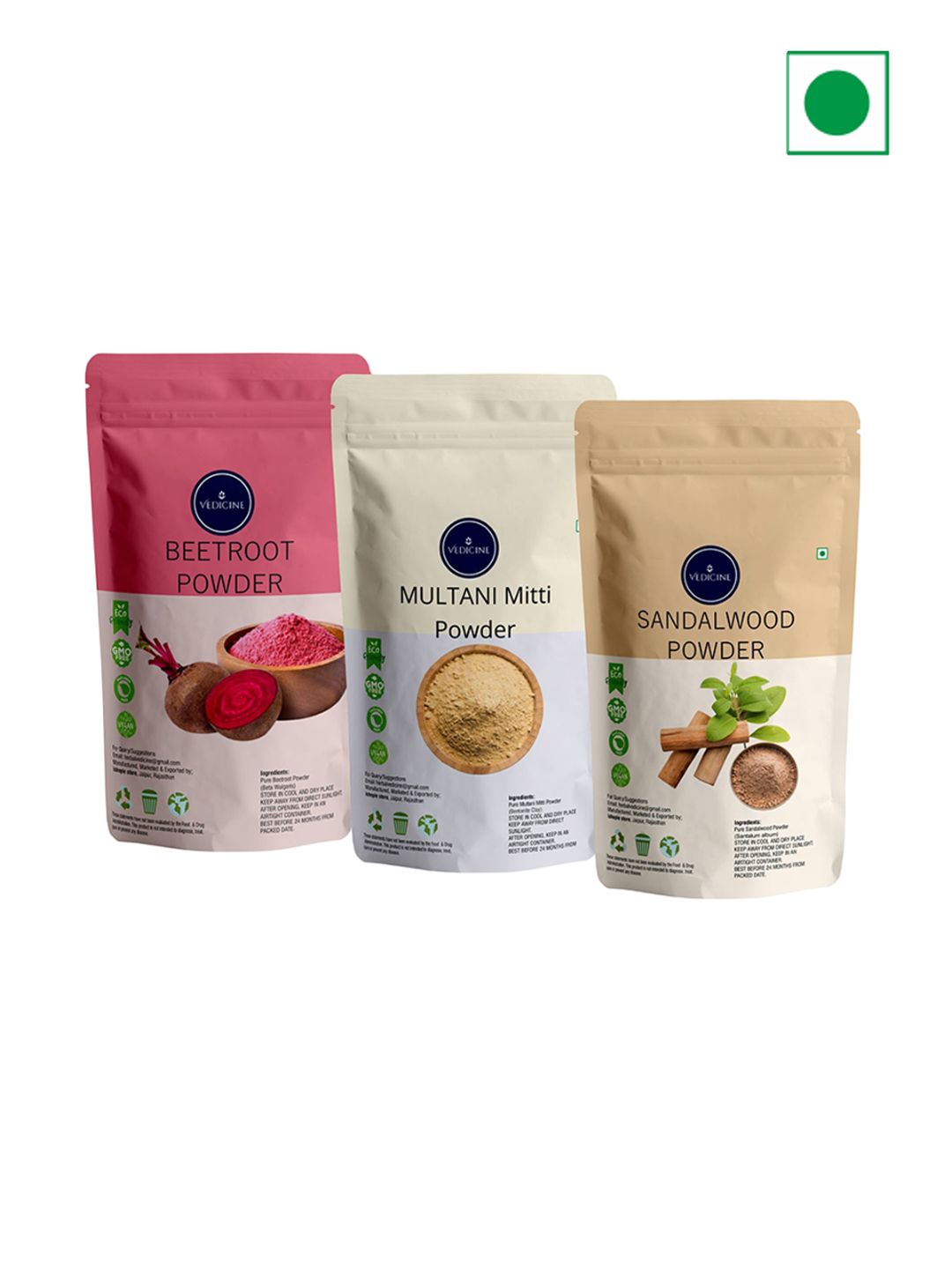 VEDICINE Set Of 3 Beetroot Multani Mitti & Sandalwood Powder For Face Pack-100g Each