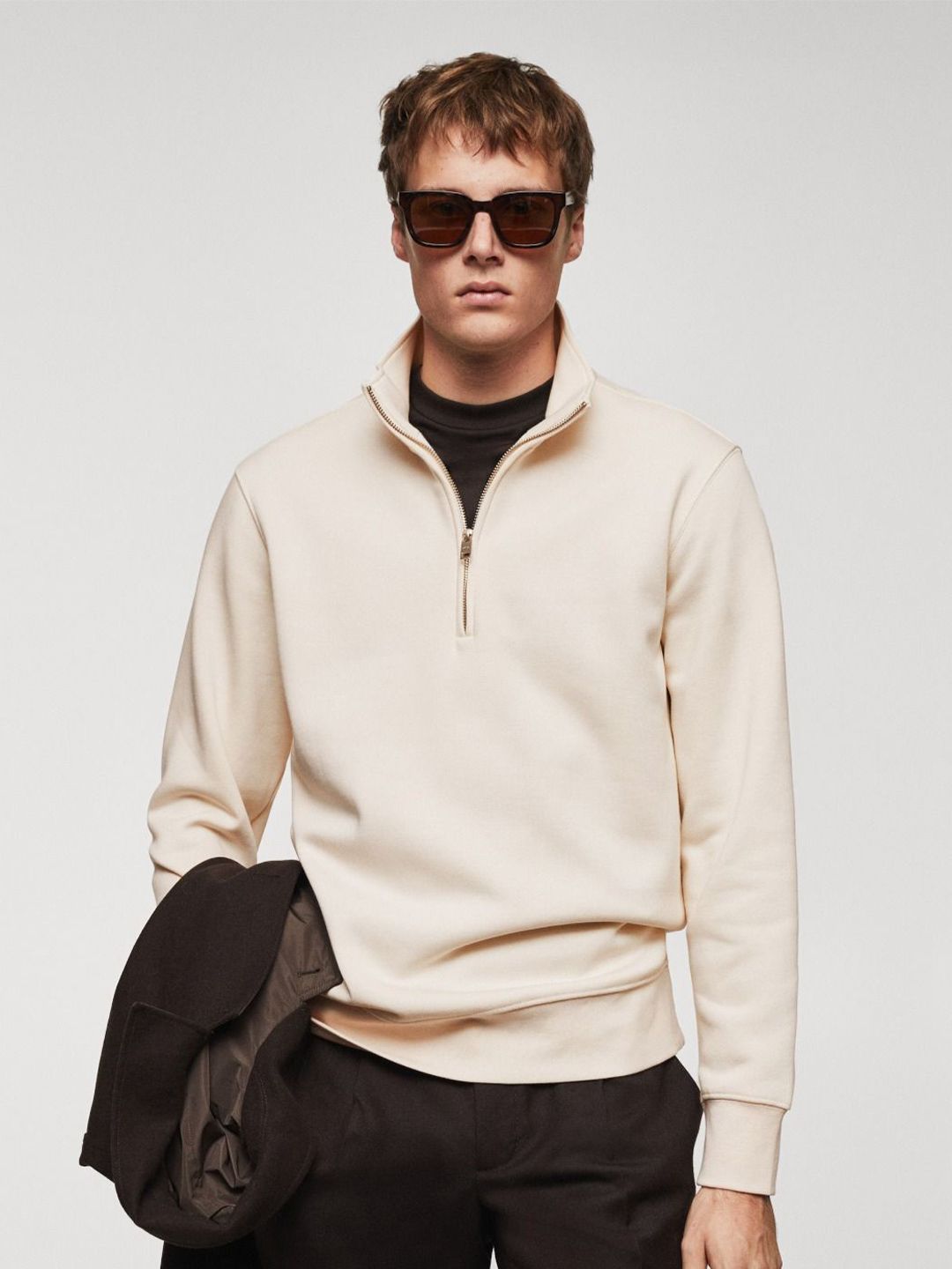 MISCHIEF MONKEY Men Mock Collar Solid Sweatshirt
