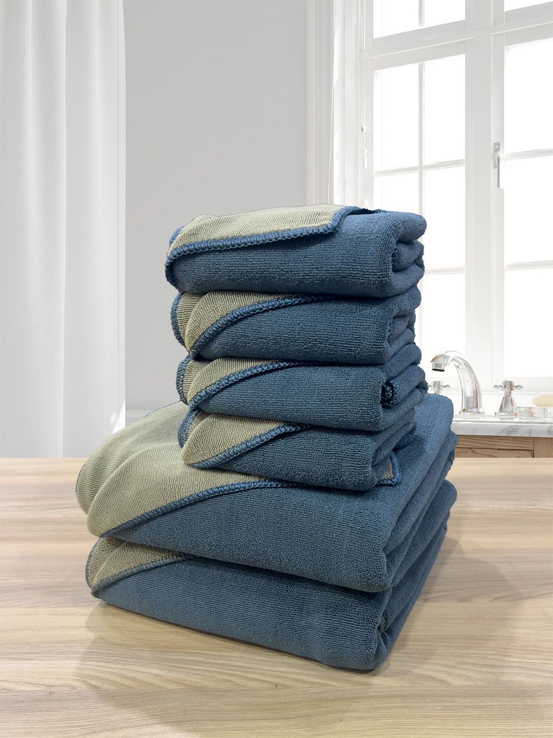 LABHAM Olive Green & Blue 6 Pcs 450 GSM Reversible Towel Set