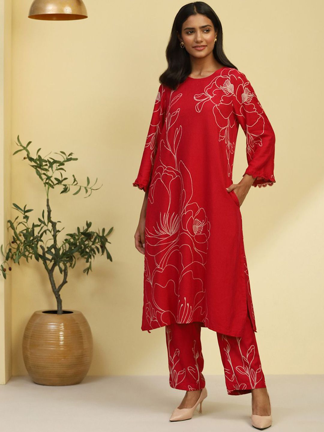 Biba Biba Floral Printed Regular Straight Kurta with Trousers