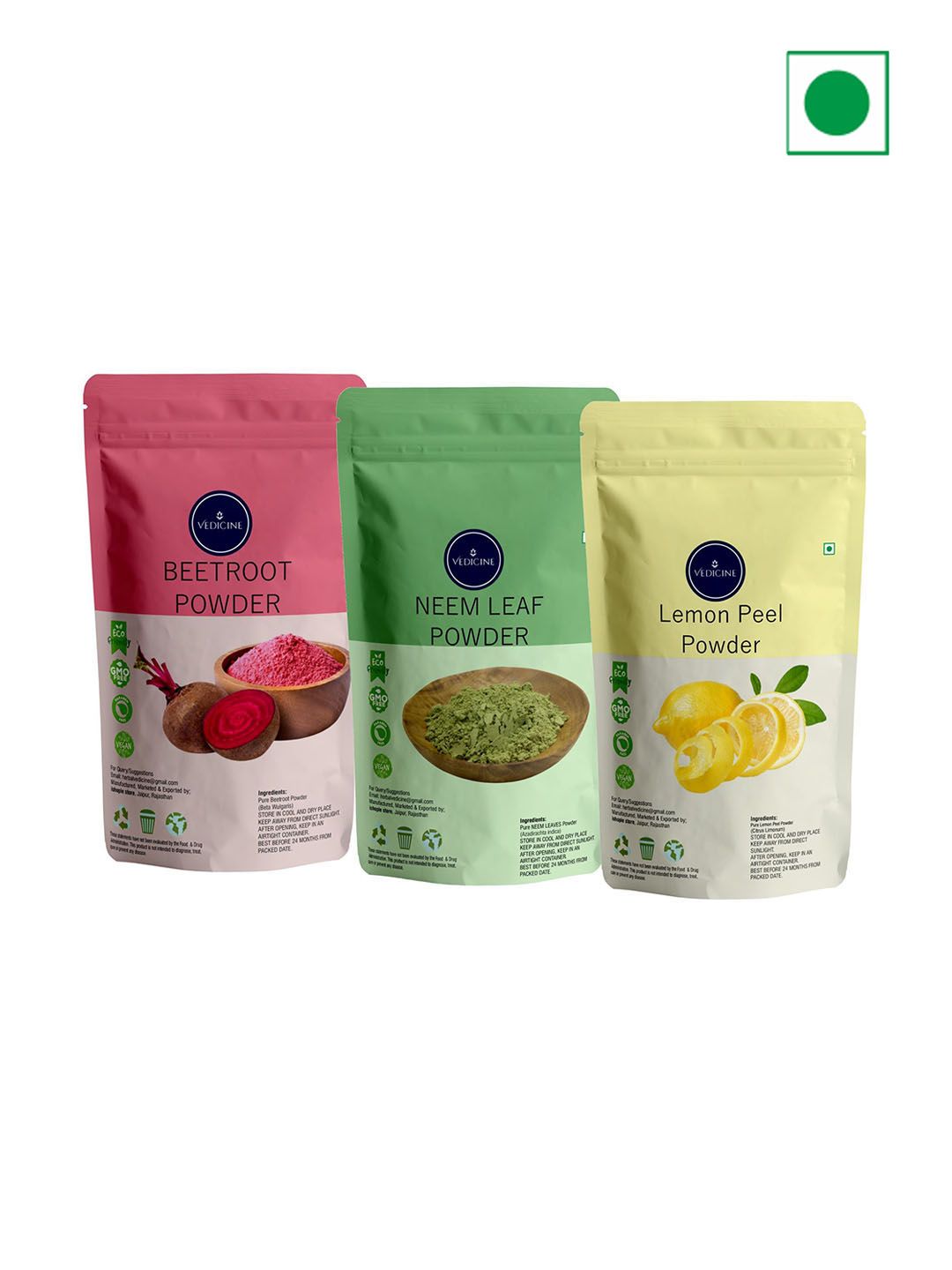 VEDICINE Set Of 3 Beetroot Neem Leaf & Lemon Peel Powder Face Pack- 100g Each