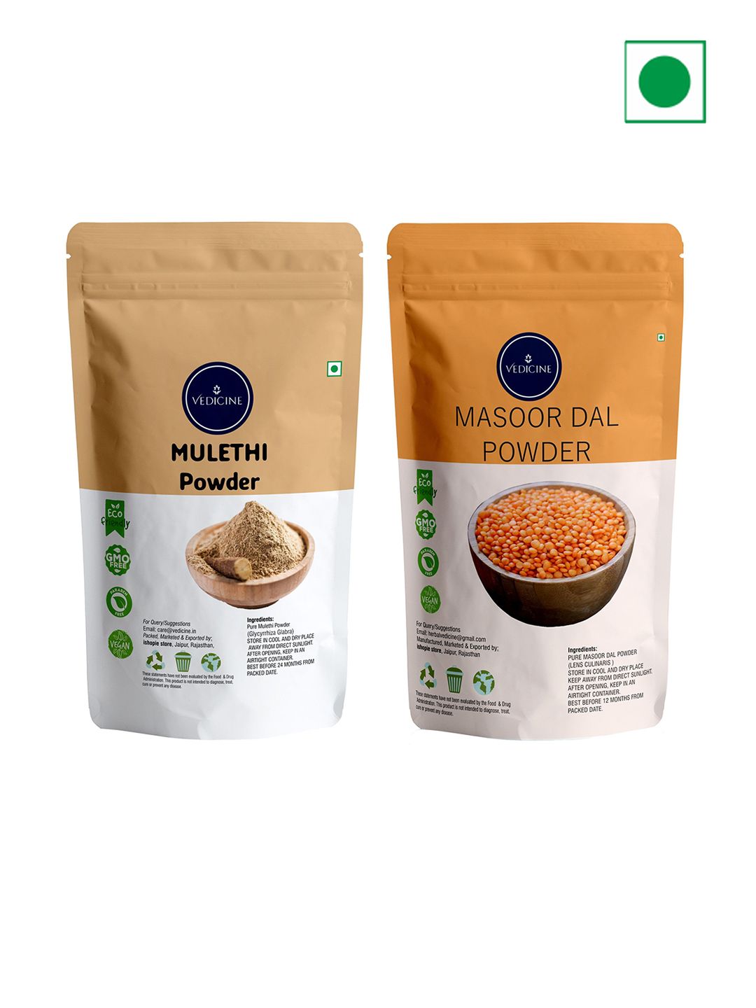 VEDICINE Set Of 2 Mulethi & Masoor Dal Powder Face Pack- 100g Each