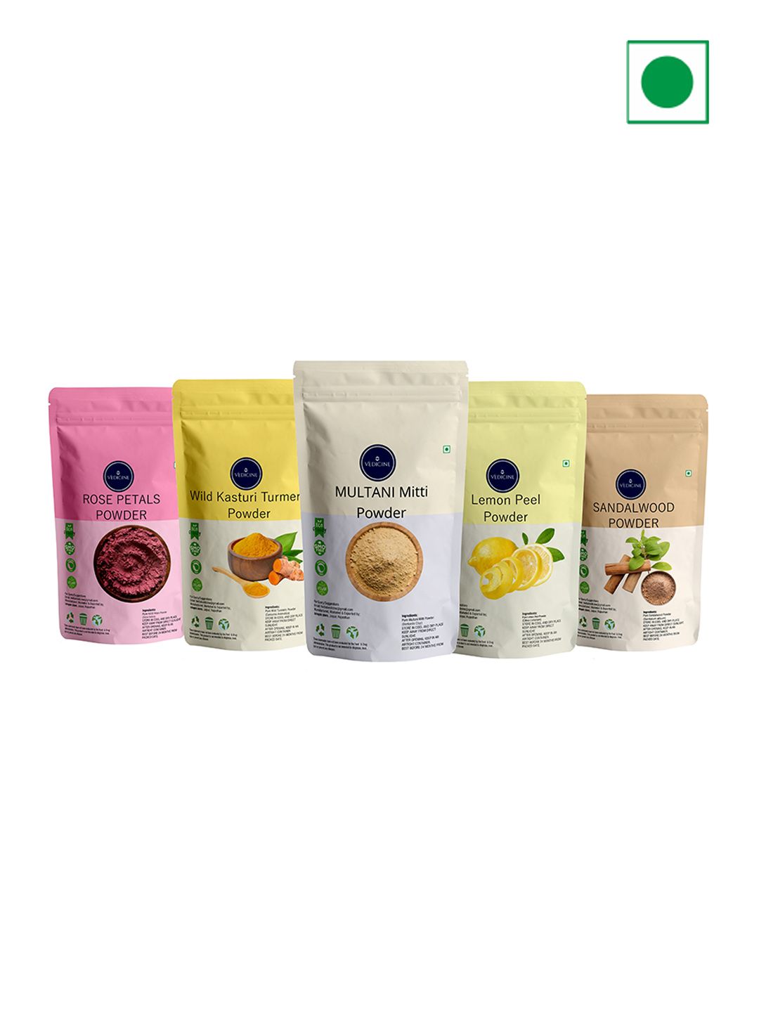 VEDICINE Set Of 5 Rose Petal Wild Turmeric Mutani Mitti Lemon Sandalwood Mask- 75g Each