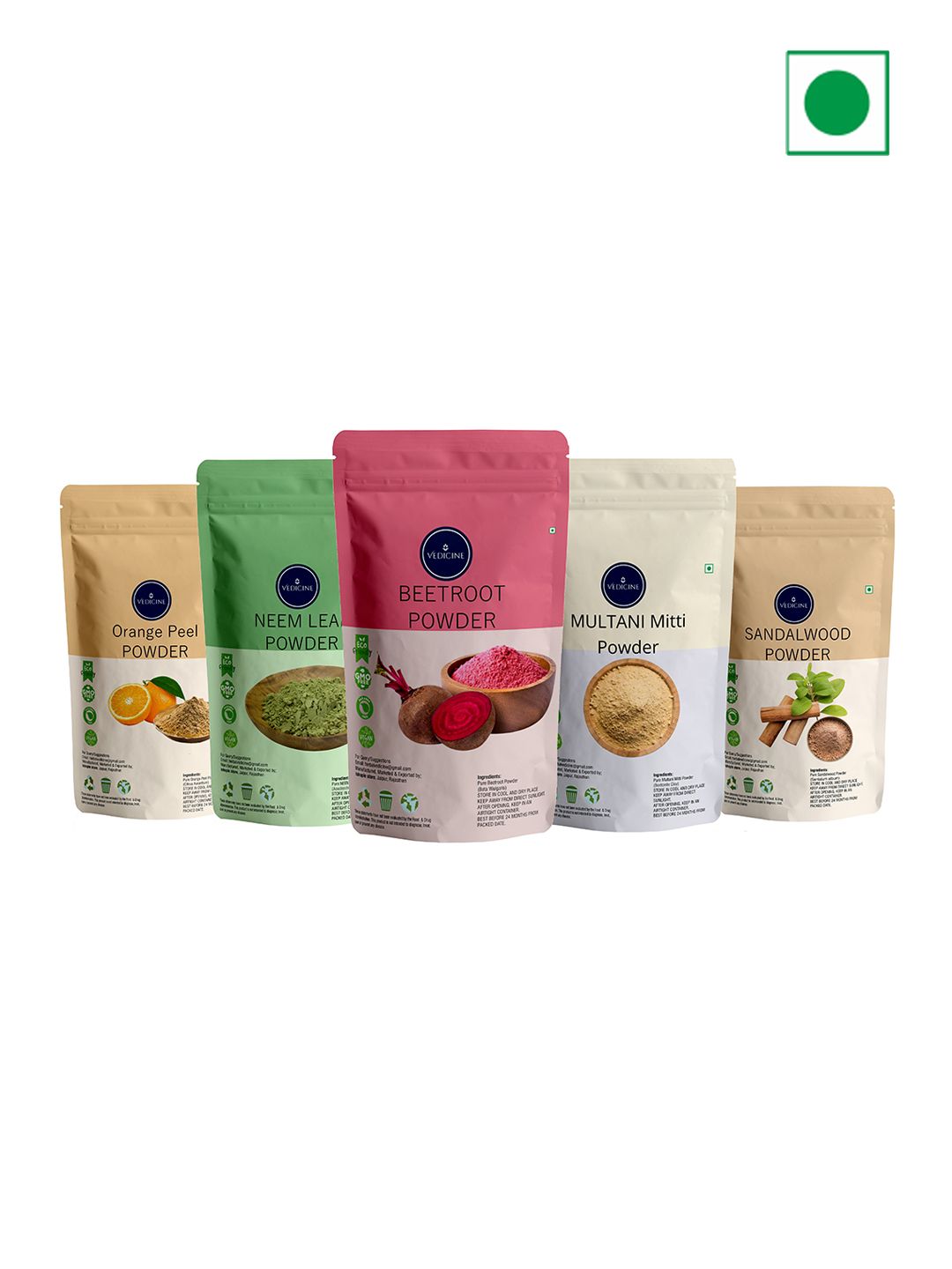 VEDICINE Set Of 5 Orange Neem Leaf Beetroot Powder For Face Pack- 75g Each