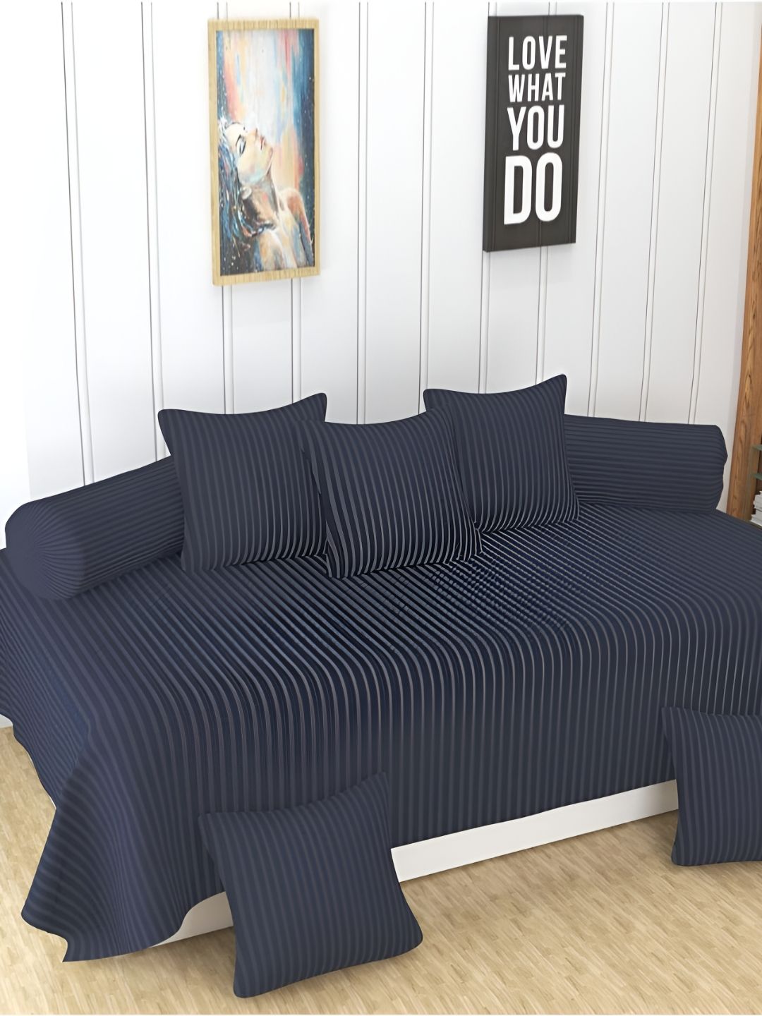 UrbanArts 8 Pcs Grey Striped Cotton Diwan Set