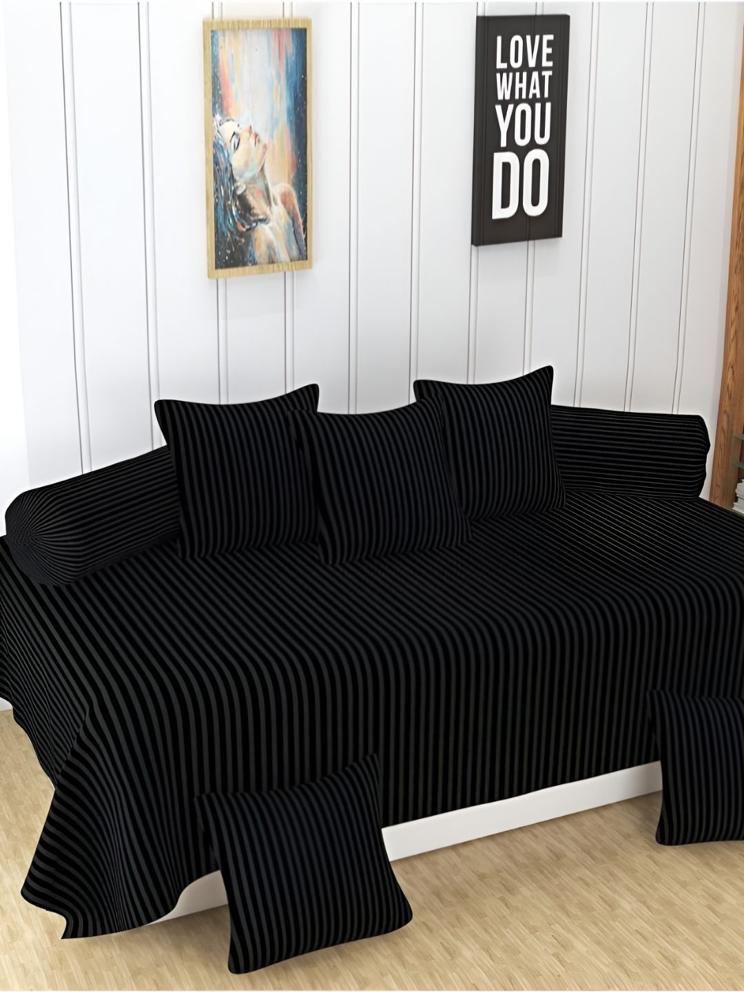 UrbanArts 8 Pcs Black Striped Cotton Diwan Set