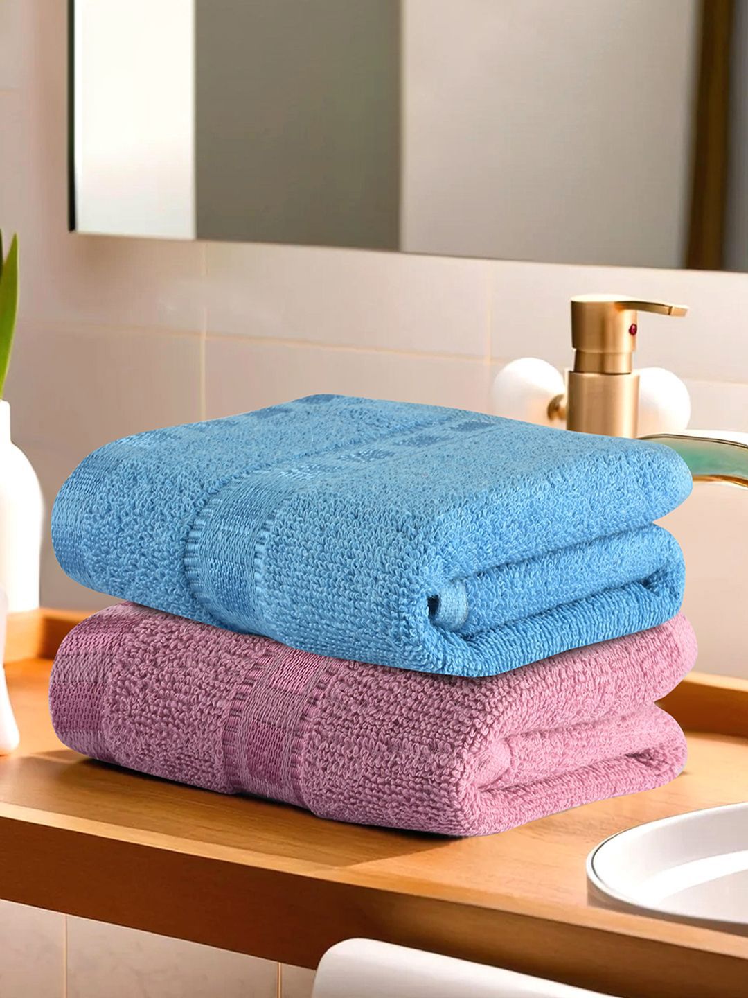 Kuber Industries Pink & Blue 2 Pieces Anti Bacterial 225 GSM Cotton Face Towels
