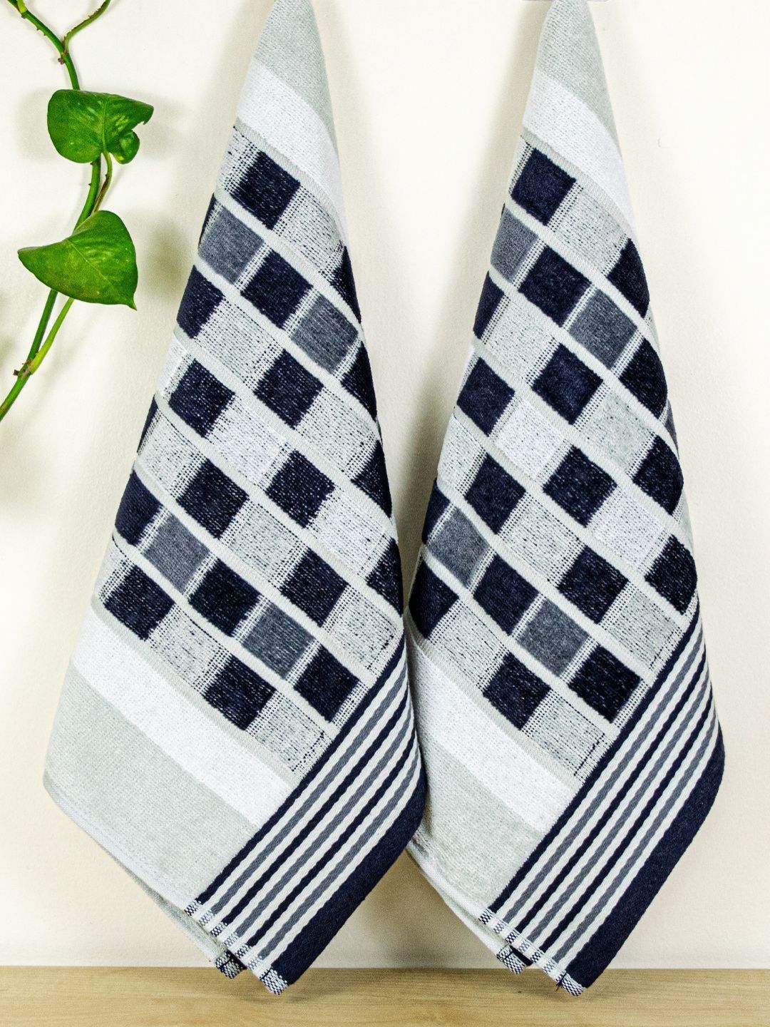RANGOLI Green & Blue 2 Piece Checked Printed Pure Cotton Towel Set 450 GSM