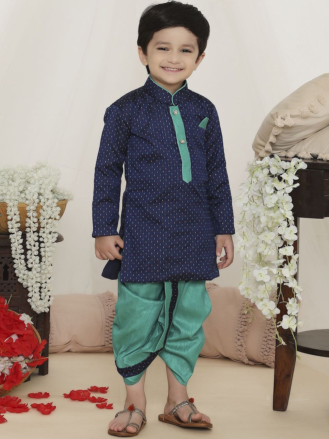 KID1 Boys Geometric Printed Mandarin Collar Straight Kurta with Dhoti Pants