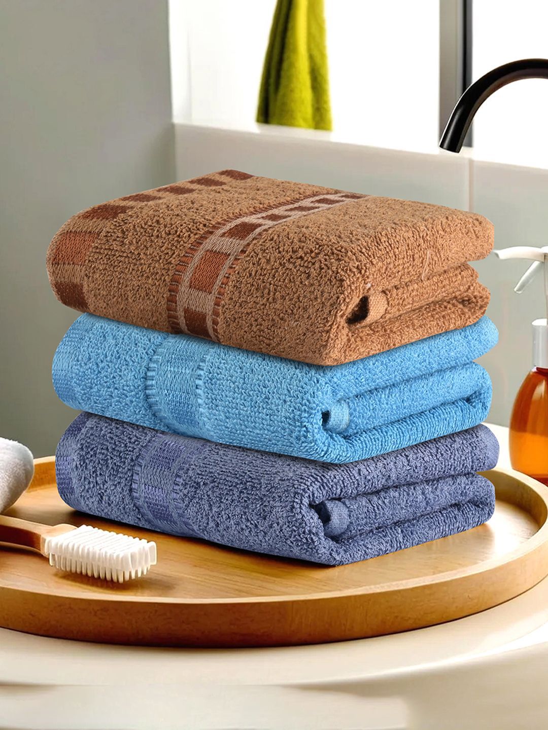 Kuber Industries Blue & Brown 3 Pieces Self Designed GSM 225 Face Towels