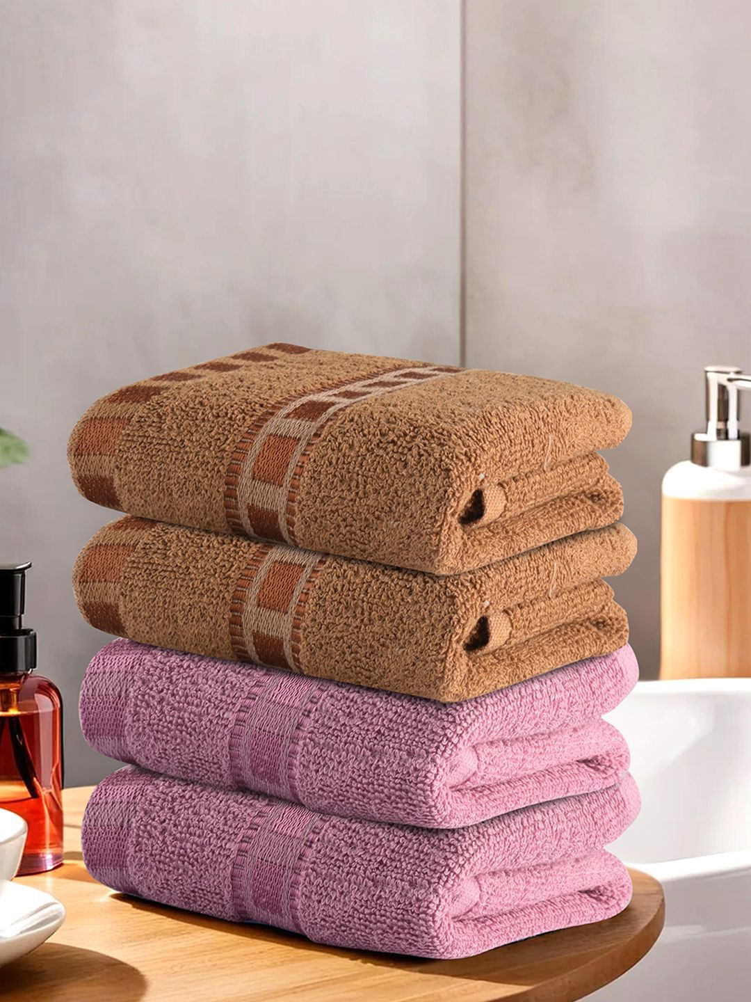 Kuber Industries Brown & Pink 4 Pieces Cotton 225 GSM Anti Bacterial Face Towels