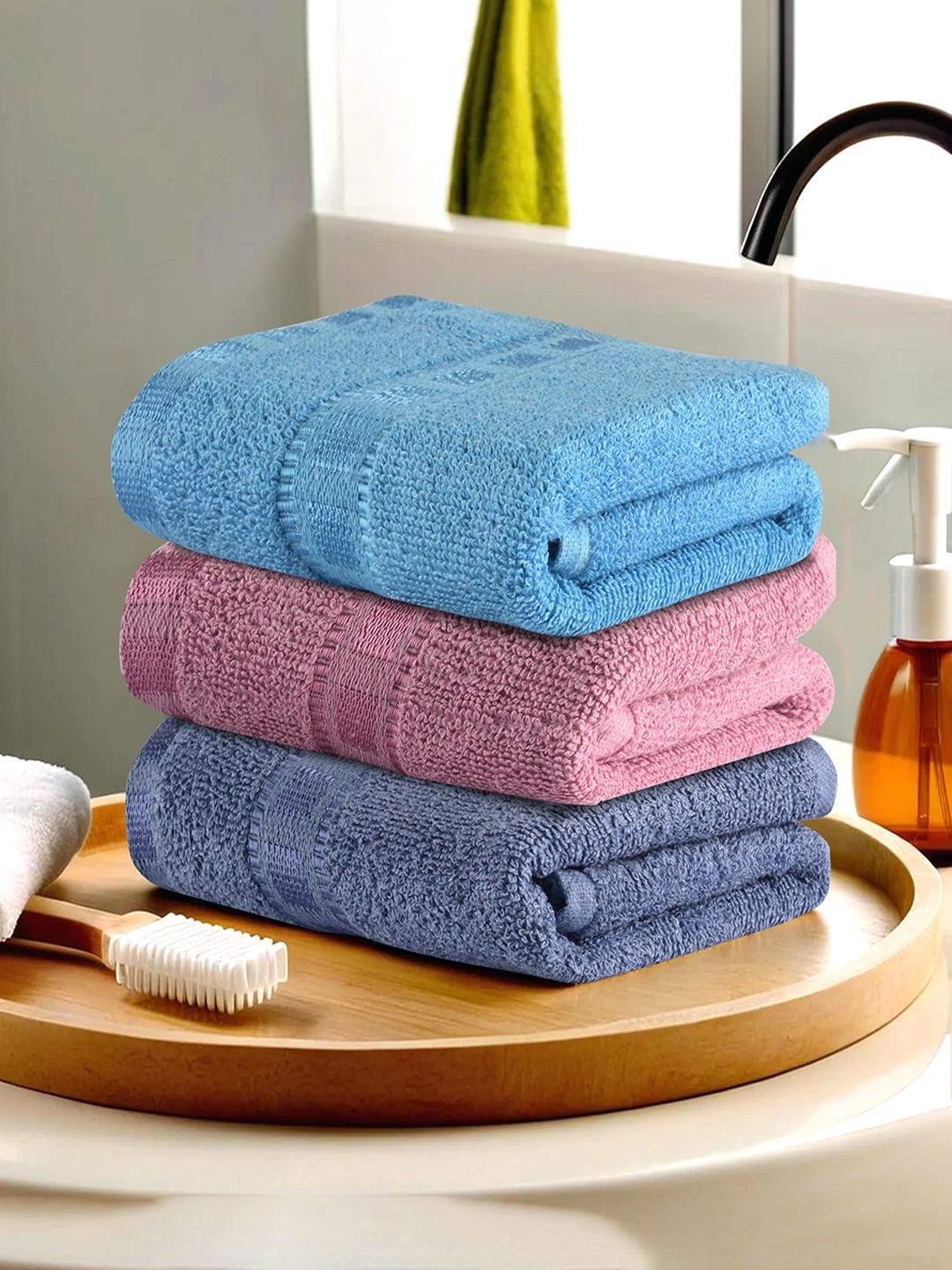 Kuber Industries Blue & Pink 3 Pieces Striped Cotton Anti-Bacterial 225 GSM Face Towels