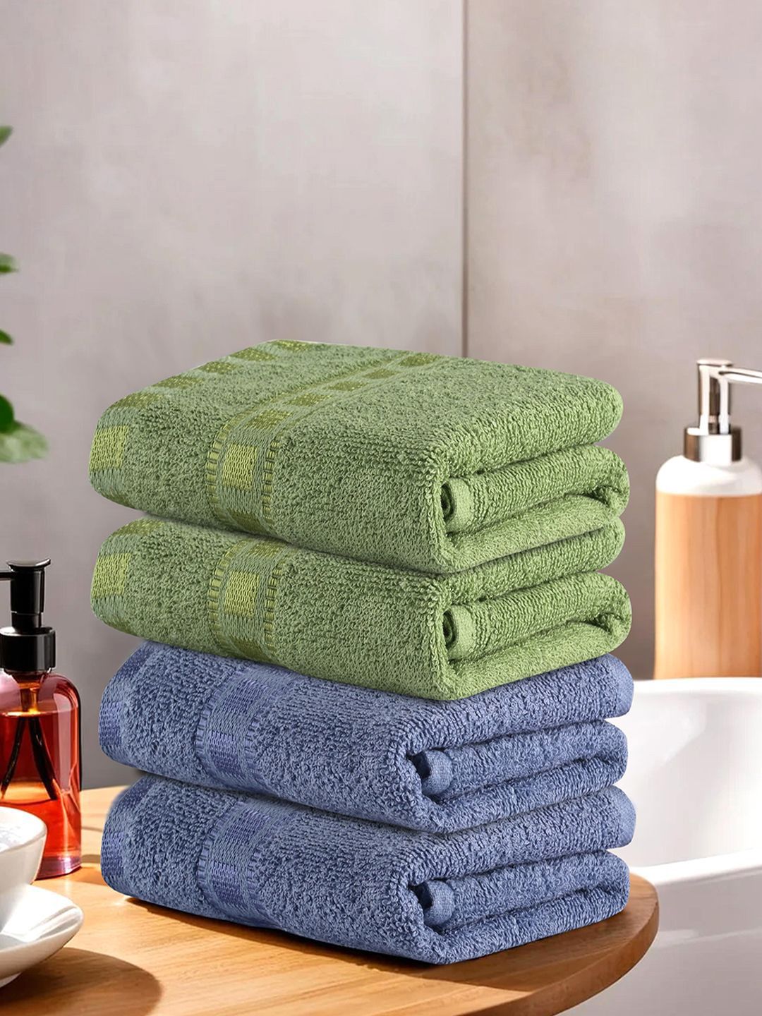 Kuber Industries Green & Blue 4 Pieces Cotton 225 GSM Anti Bacterial Face Towels