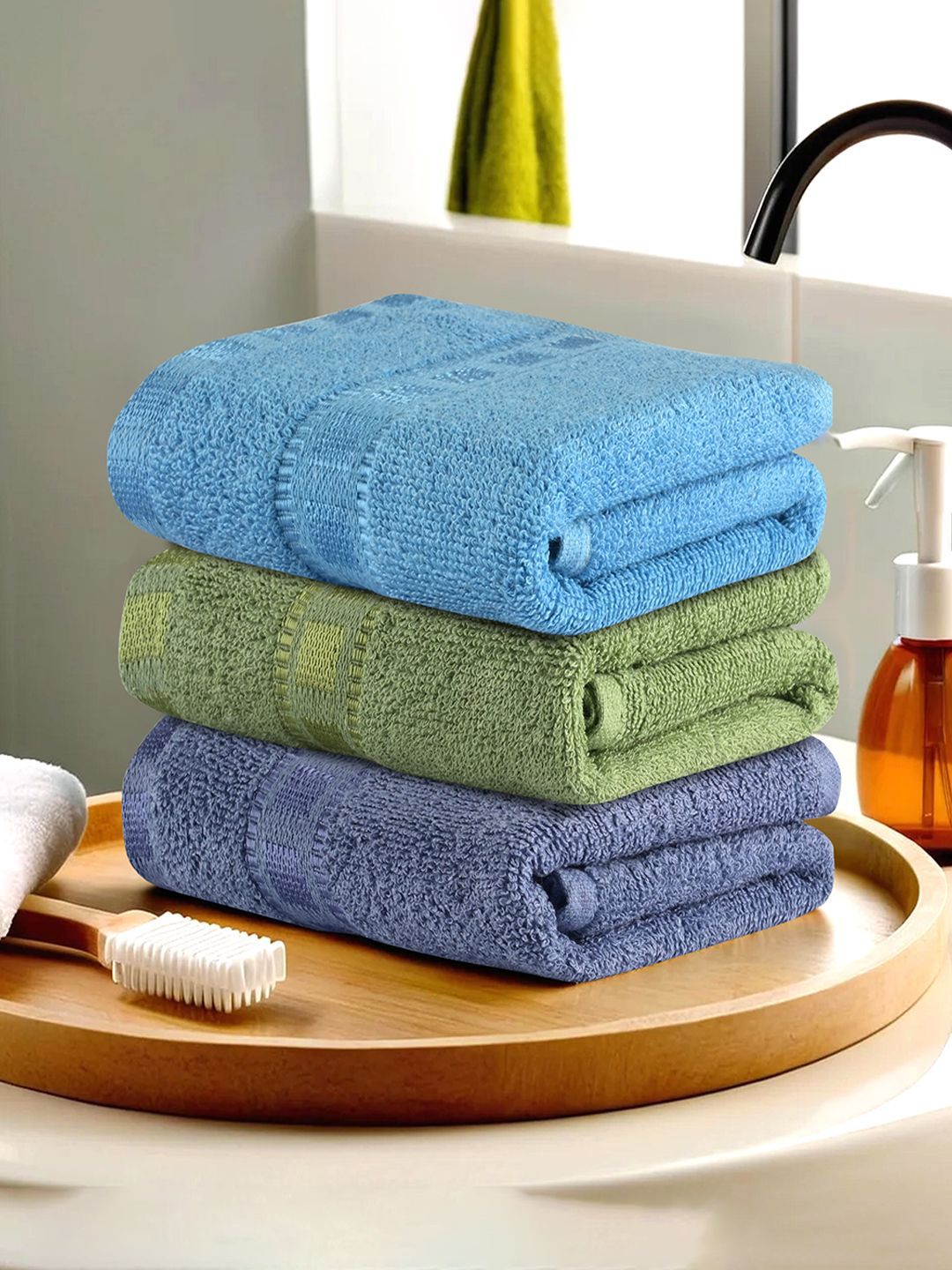 Kuber Industries Blue & Green 3 Pieces Striped Cotton Anti-Bacterial 225 GSM Face Towels