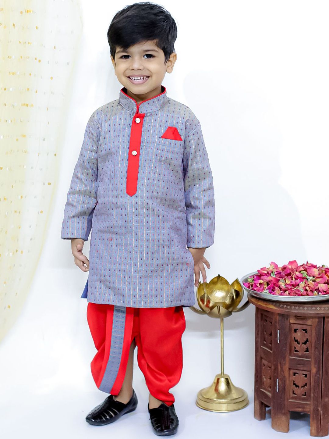 KID1 Boys Mandarin Collar Printed Long Sleeves Straight Kurta with Dhoti Pants