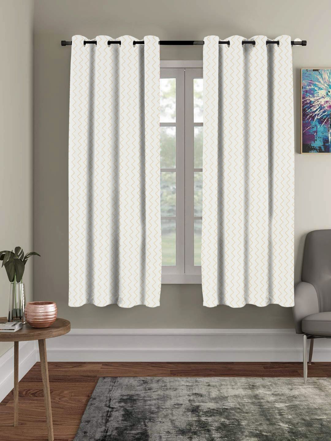RRC White & White Set of 2 Geometric Window Curtains and Sheers