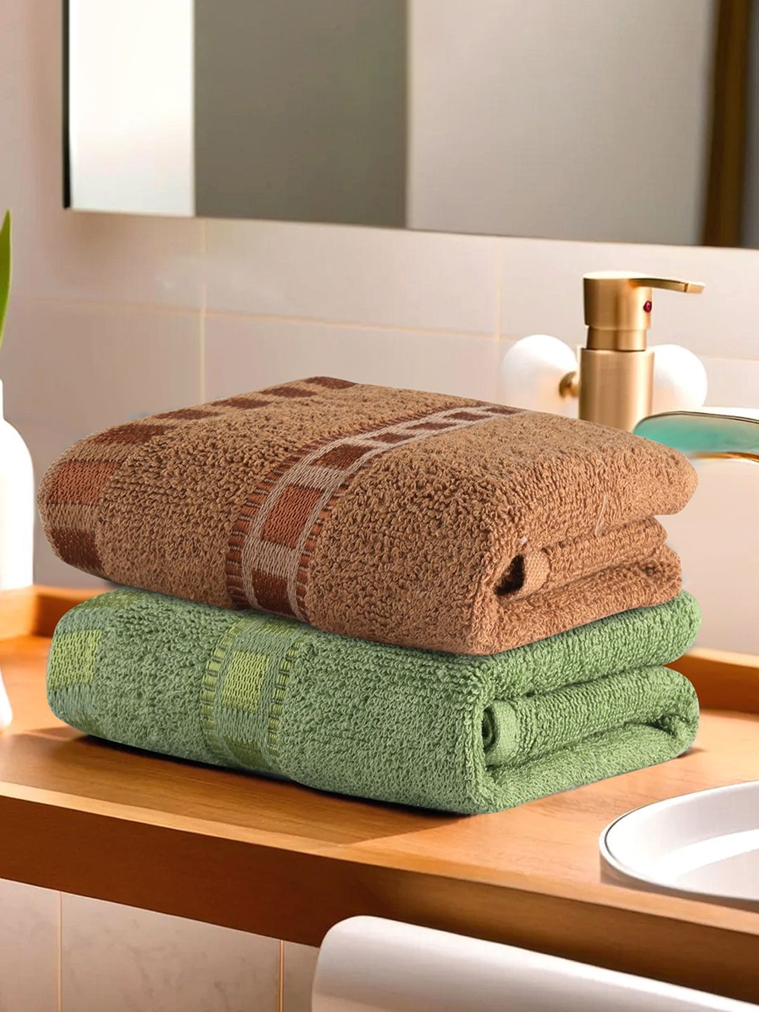 Kuber Industries Brown & Green 2 Pieces Striped Cotton Anti-Bacterial 225 GSM Face Towels