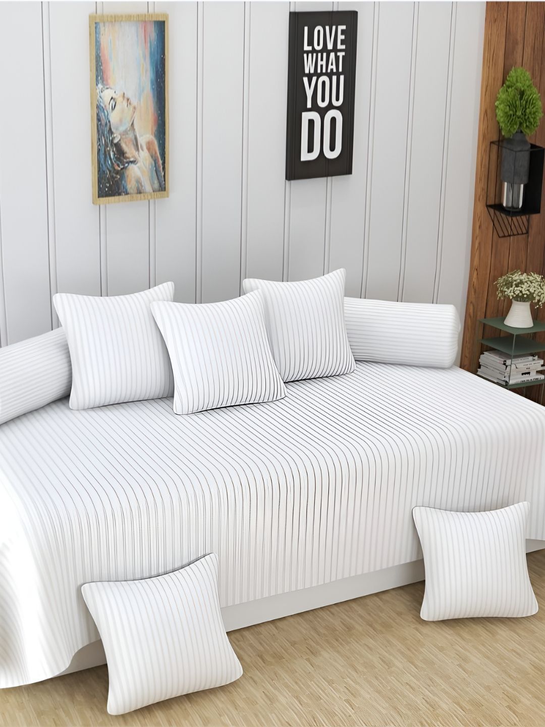 UrbanArts 8 Pcs White Striped Cotton 400 TC Diwan Set