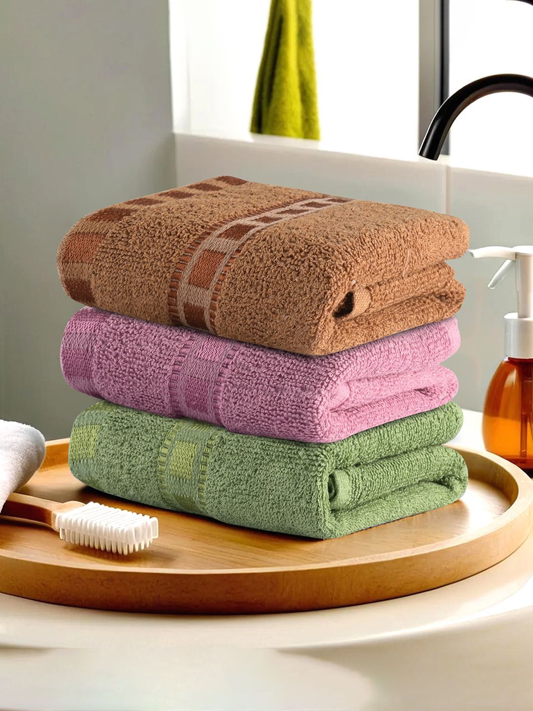 Kuber Industries Green & Pink 3 Pieces Cotton 225 GSM Anti Bacterial Face Towels