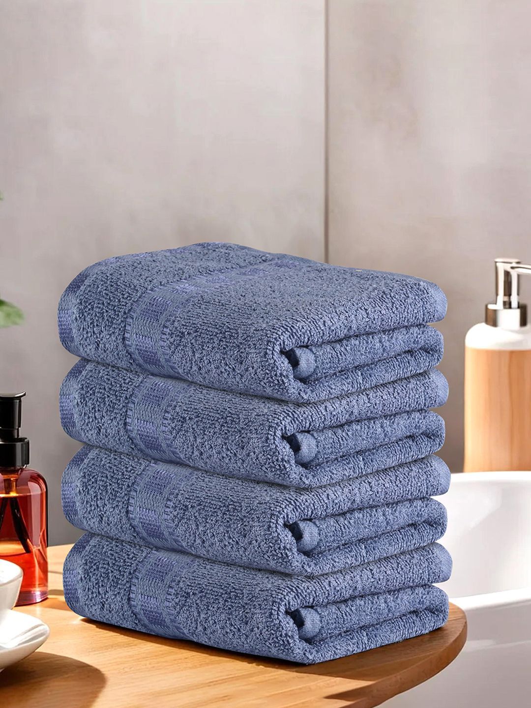 Kuber Industries Blue 4 Pieces Self Designed GSM 225 Face Towels GSM 225