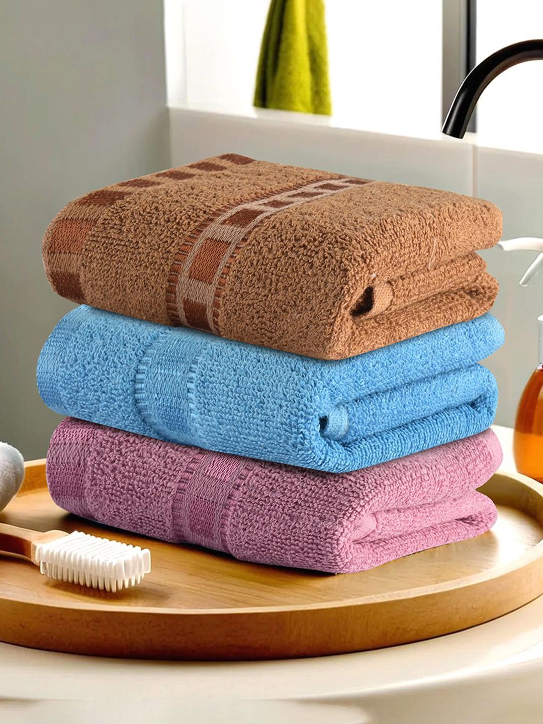 Kuber Industries Pink & Blue 3 Pieces Striped Cotton Anti-Bacterial 225 GSM Face Towels