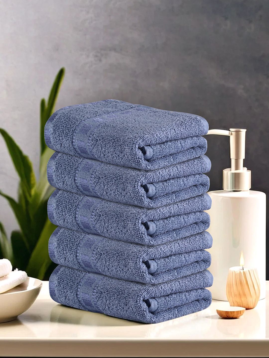 Kuber Industries Blue 5 Pieces Cotton Self Designed  GSM 225 Face Towels