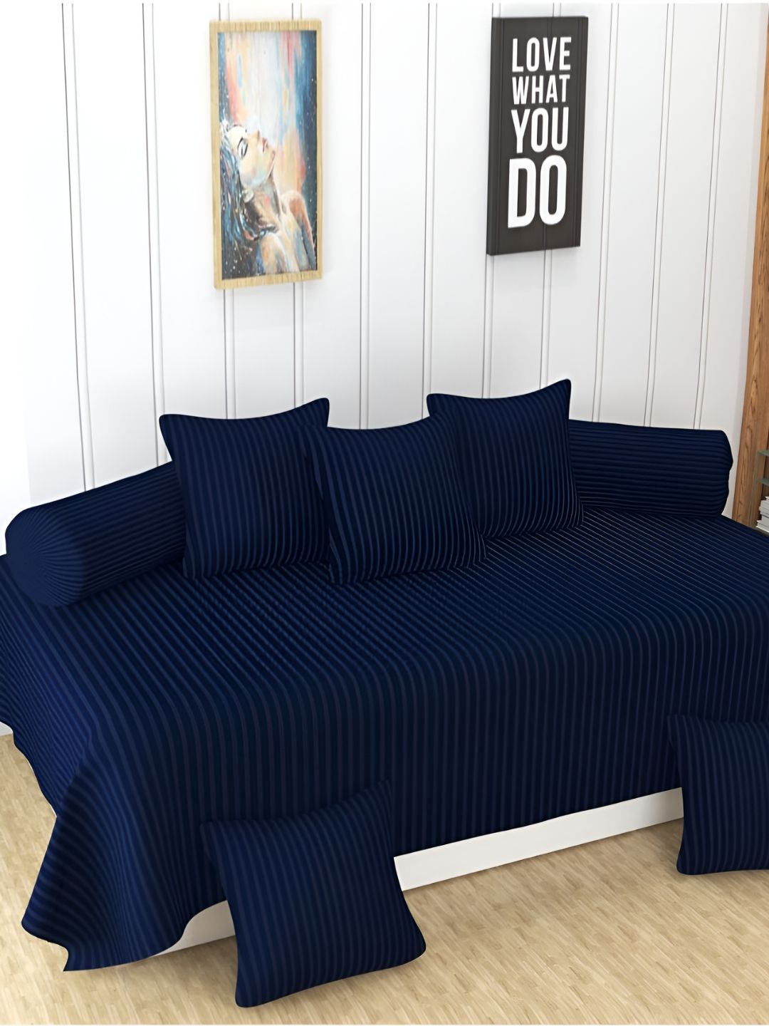 UrbanArts 8 Pcs Navy Blue Striped 400 TC Diwan Set