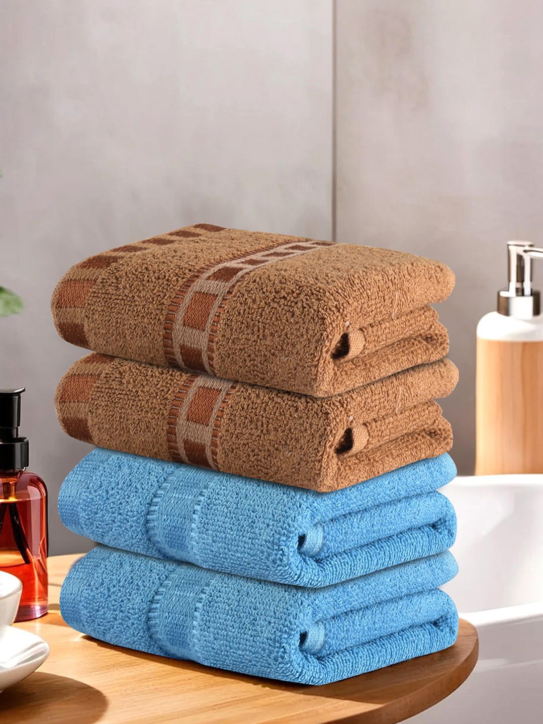 Kuber Industries Brown & Blue 4 Pieces Anti Bacterial 225 GSM Cotton Face Towels