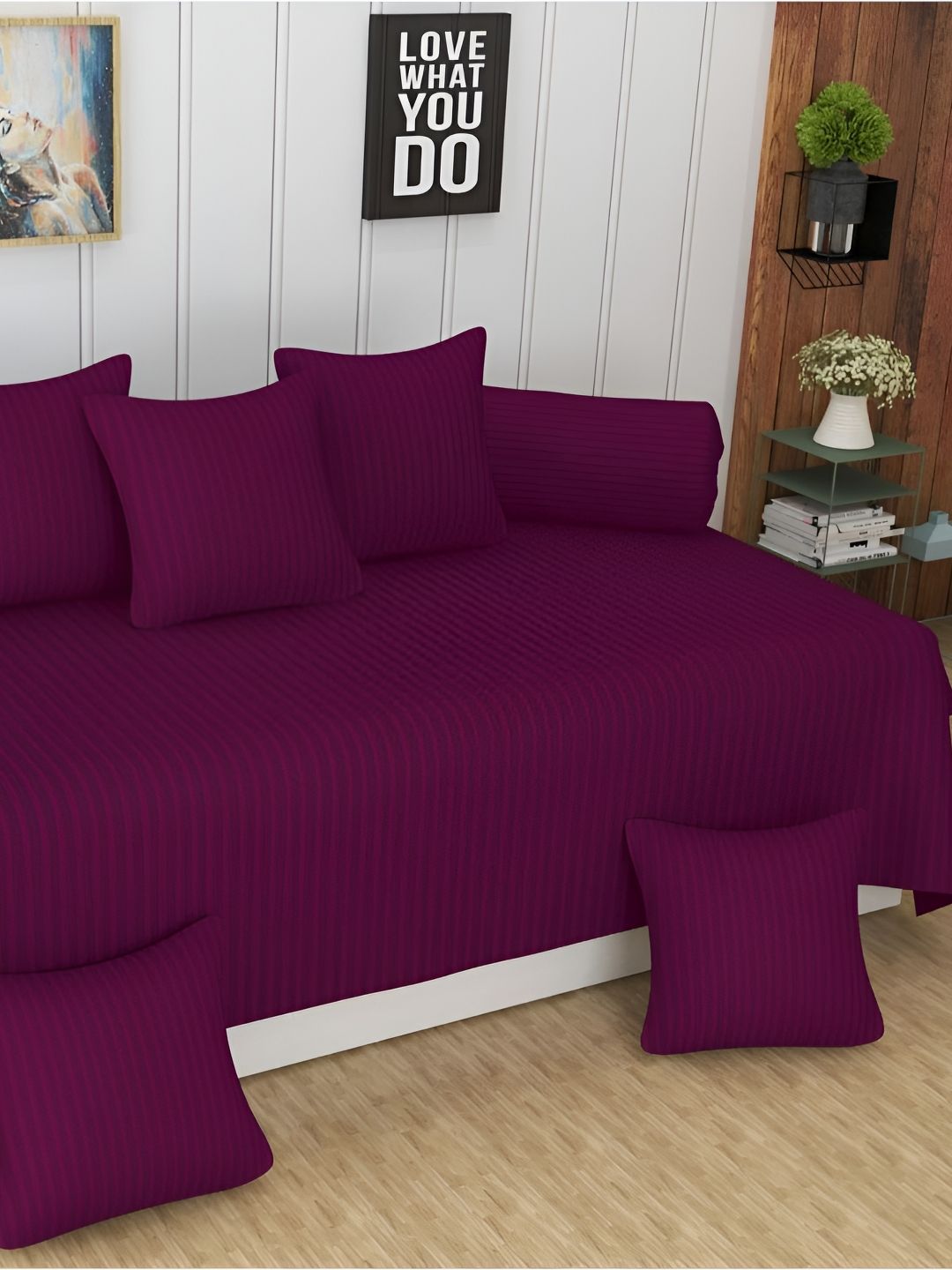 UrbanArts 8 Pcs Burgundy Striped 400 TC Diwan Set