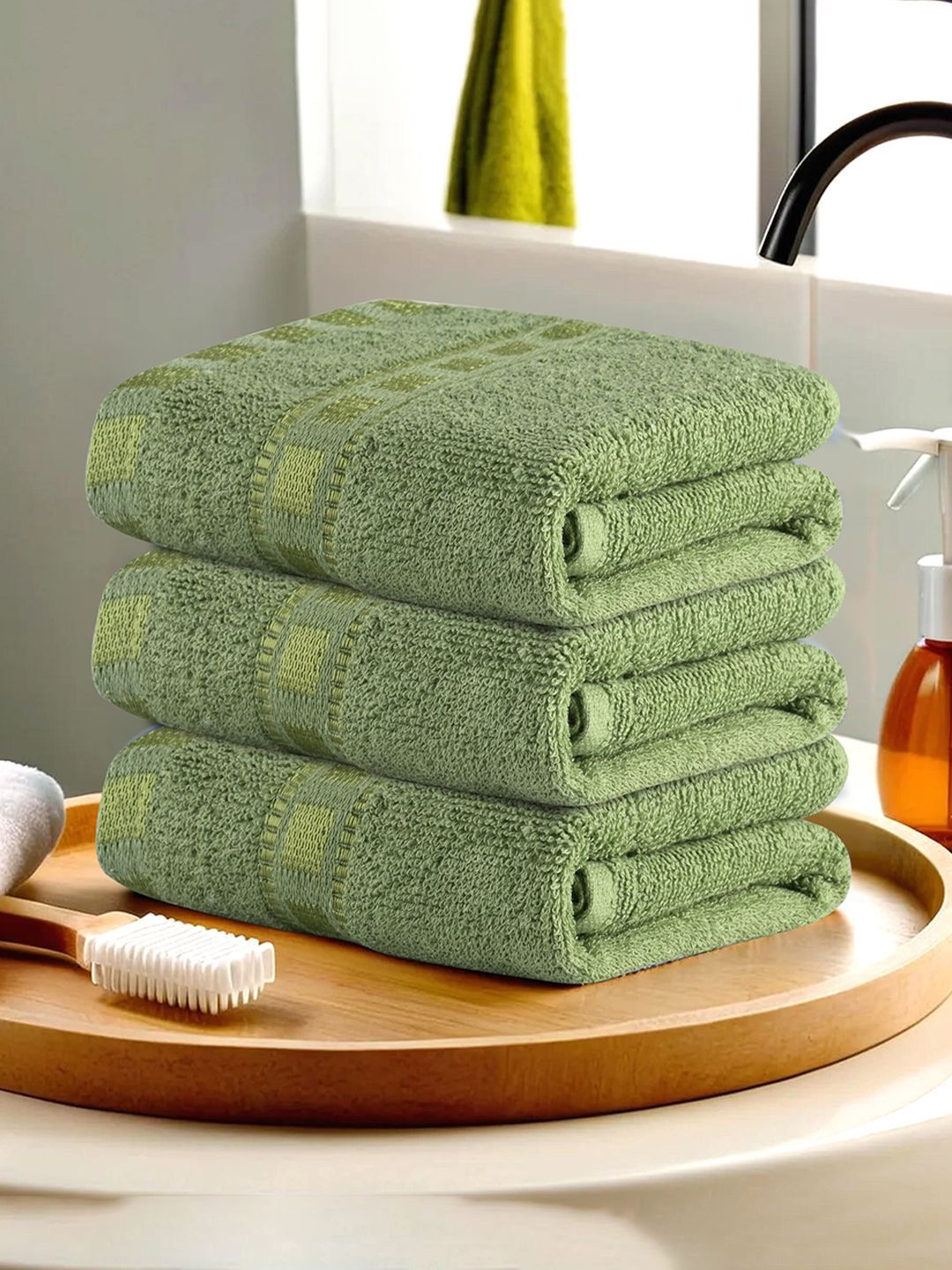 Kuber Industries Green 3 Pieces Cotton Anti-Bacterial 225 GSM Face Towels