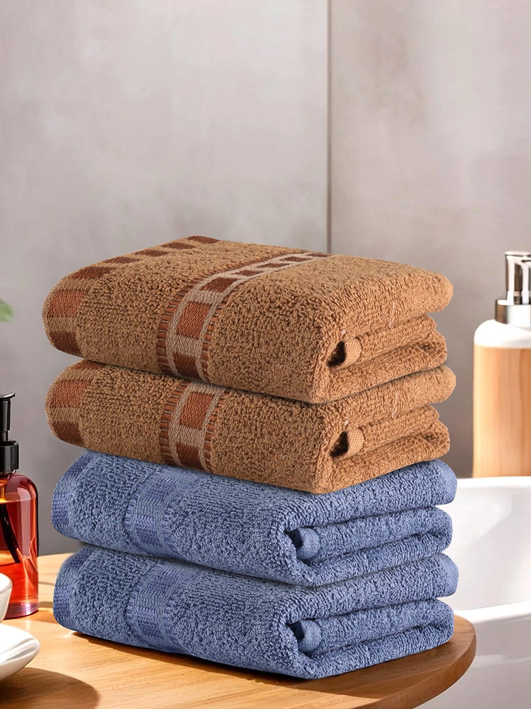 Kuber Industries Brown & Blue 4 Pieces Cotton 225 GSM Anti Bacterial Face Towels