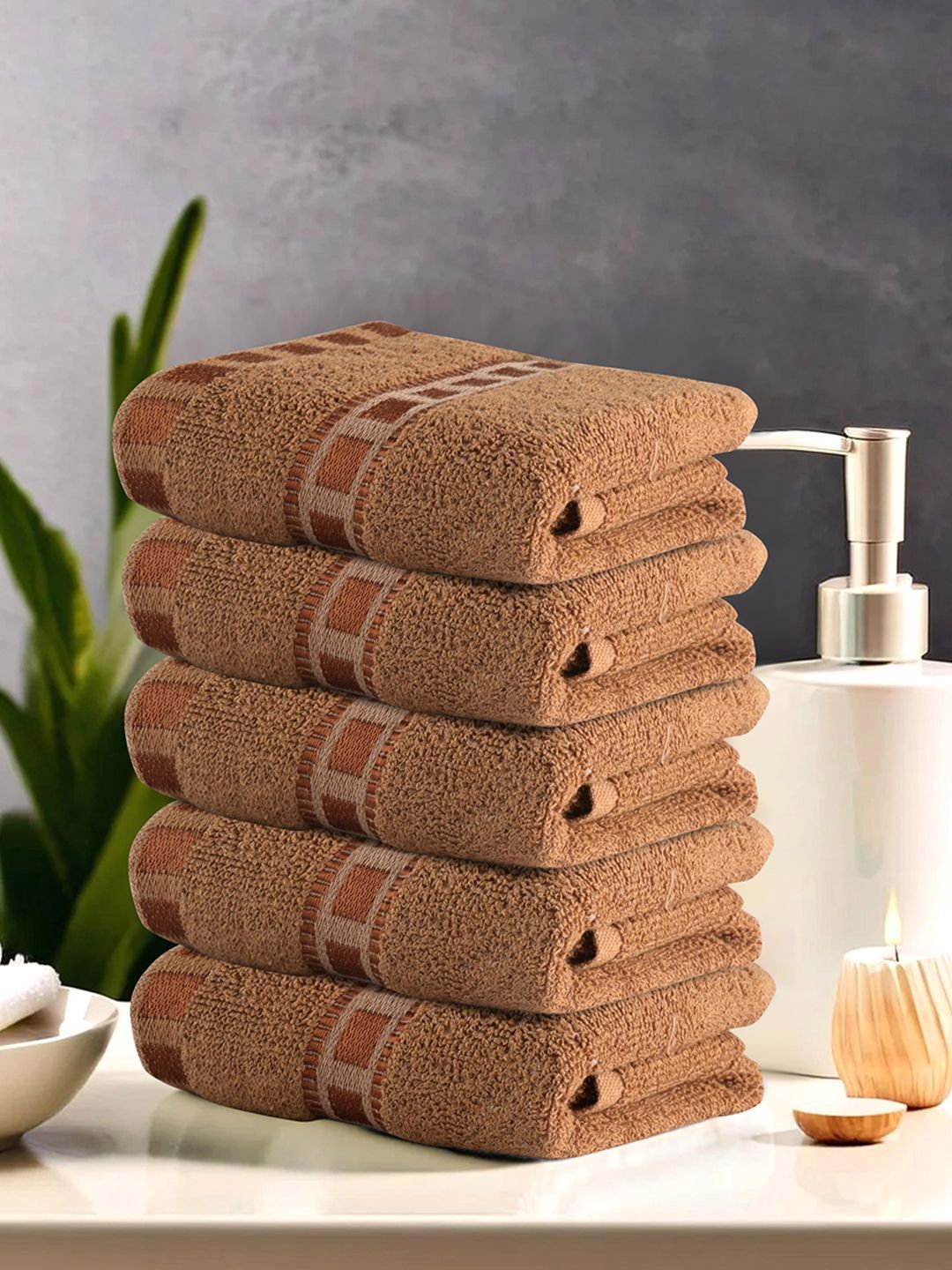 Kuber Industries Brown 5 Pieces Cotton Self Designed  GSM 225 Face Towels