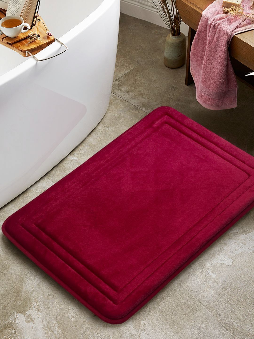 BIANCA Maroon Double Frame Anti-Skid Bath Rugs