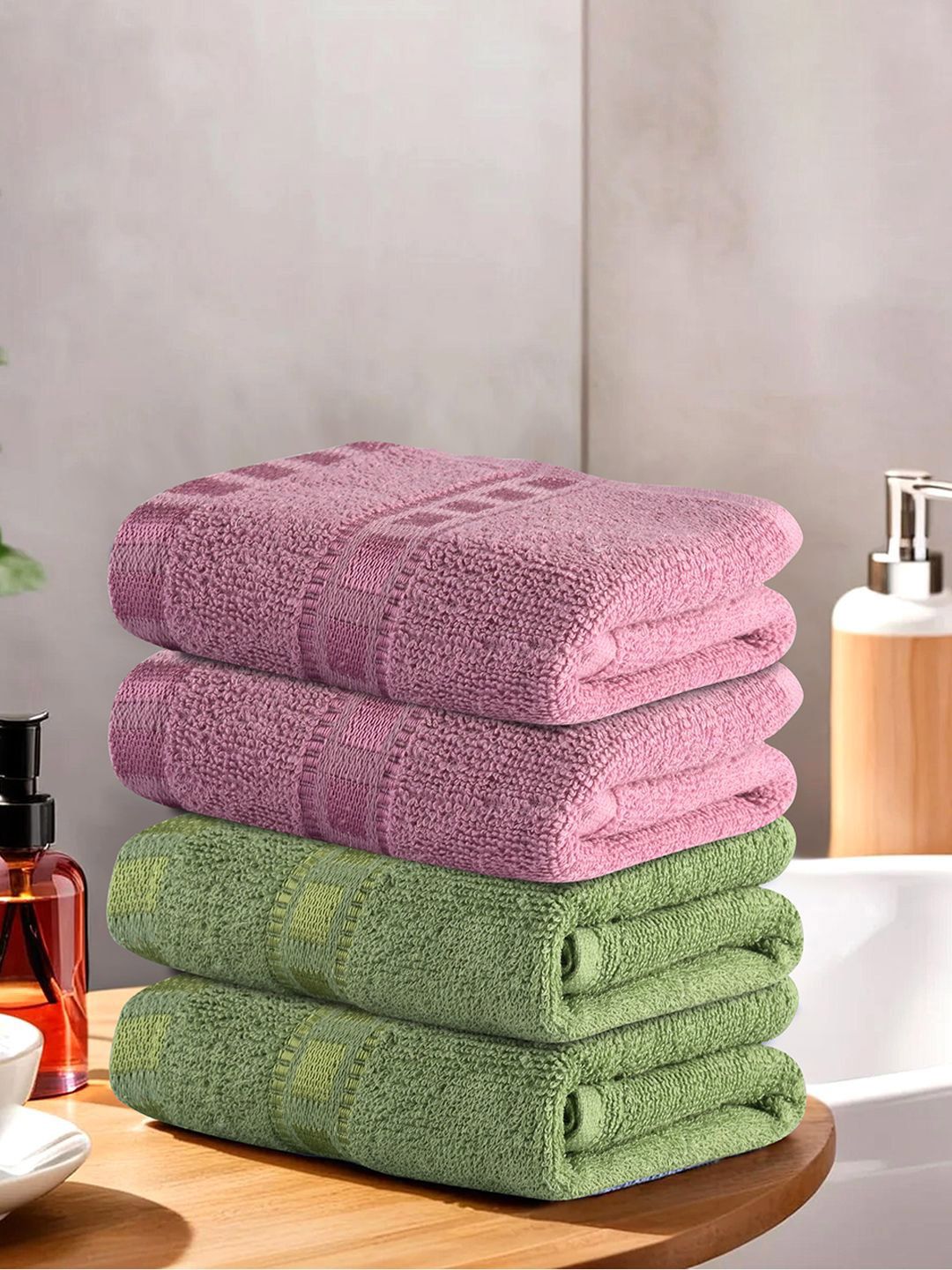 Kuber Industries Green & Pink 4 Pieces Striped Cotton Anti-Bacterial 225 GSM Face Towels